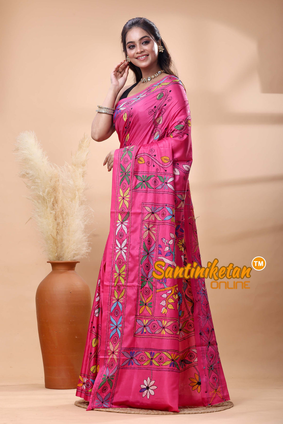 Bangalore Silk Kantha Stitch Saree