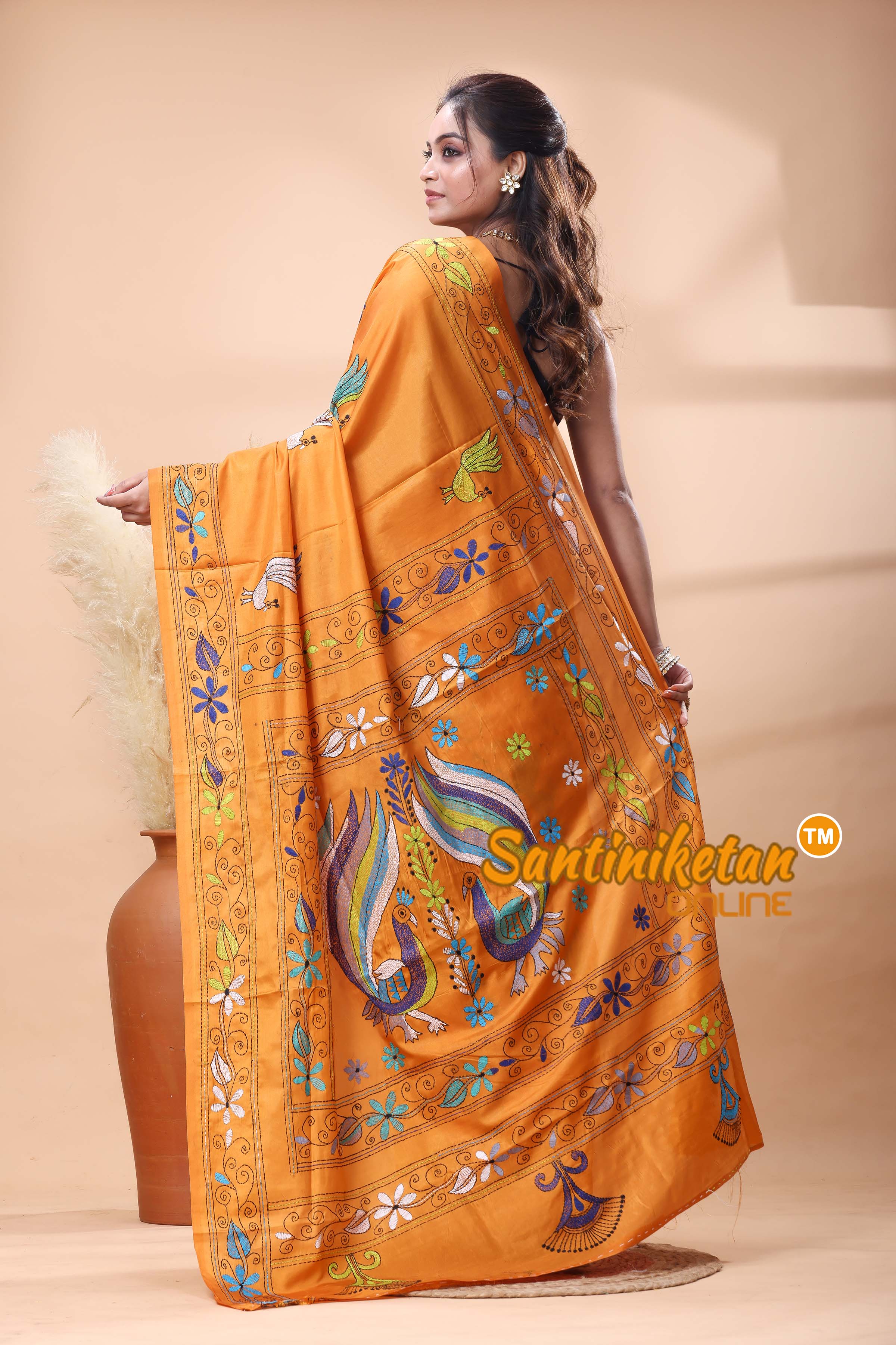 Bangalore Silk Kantha Stitch Saree