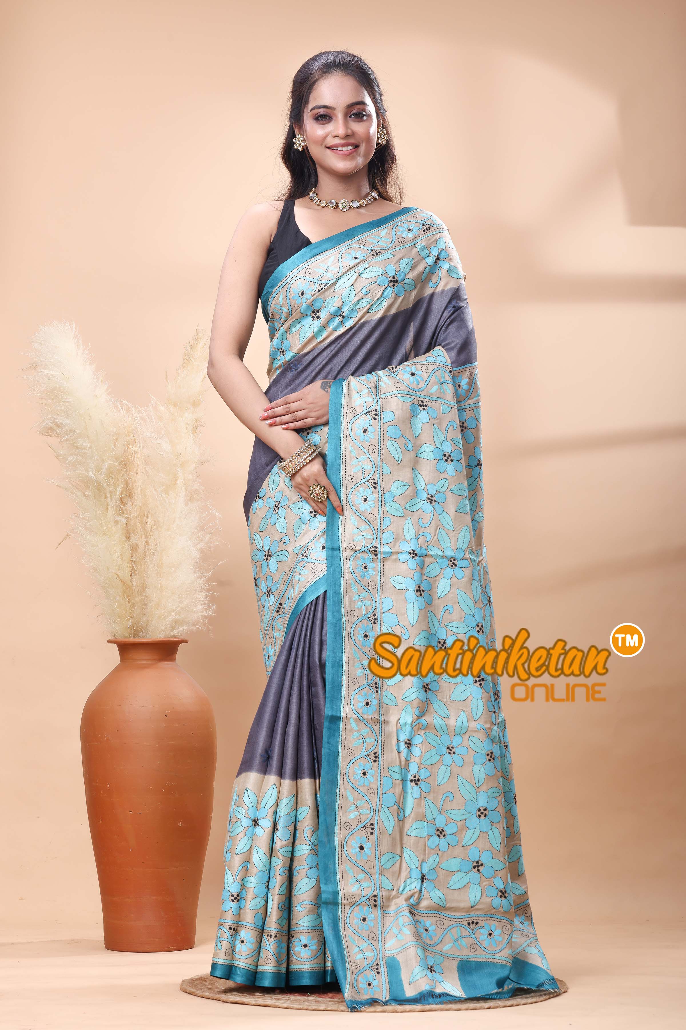 Pure Gachi Tussar Silk Kantha Stitch Saree