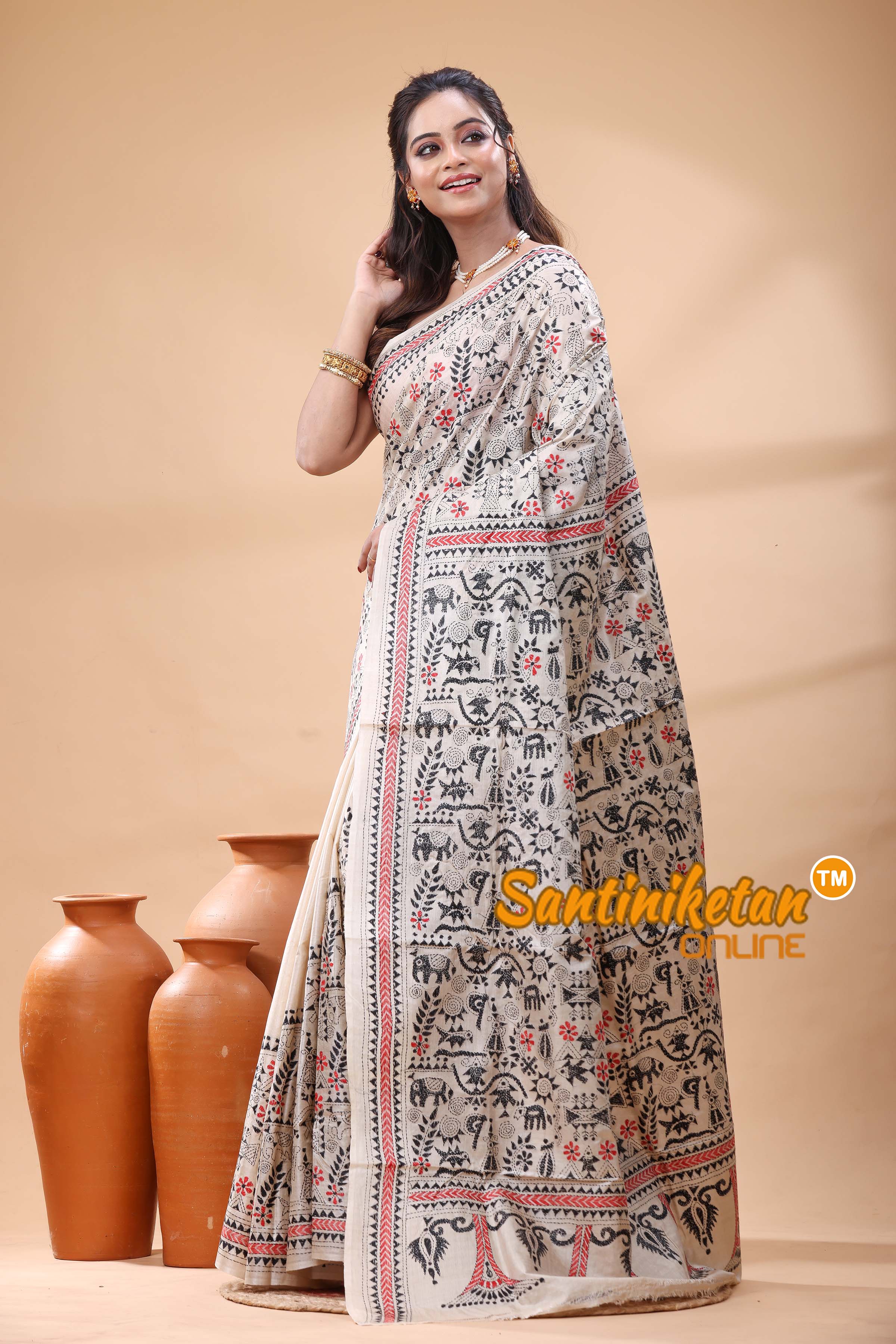 Pure Gachi Tussar Silk Kantha Stitch Saree