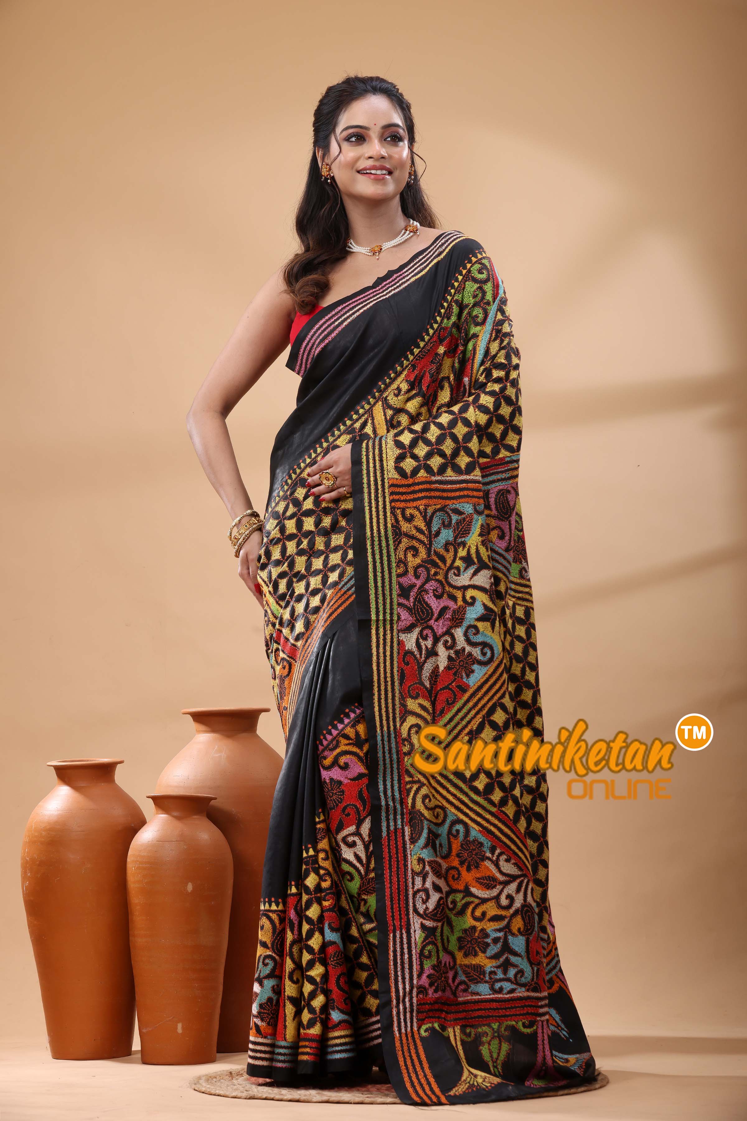 Pure Bangalore Silk Kantha Stitch Saree