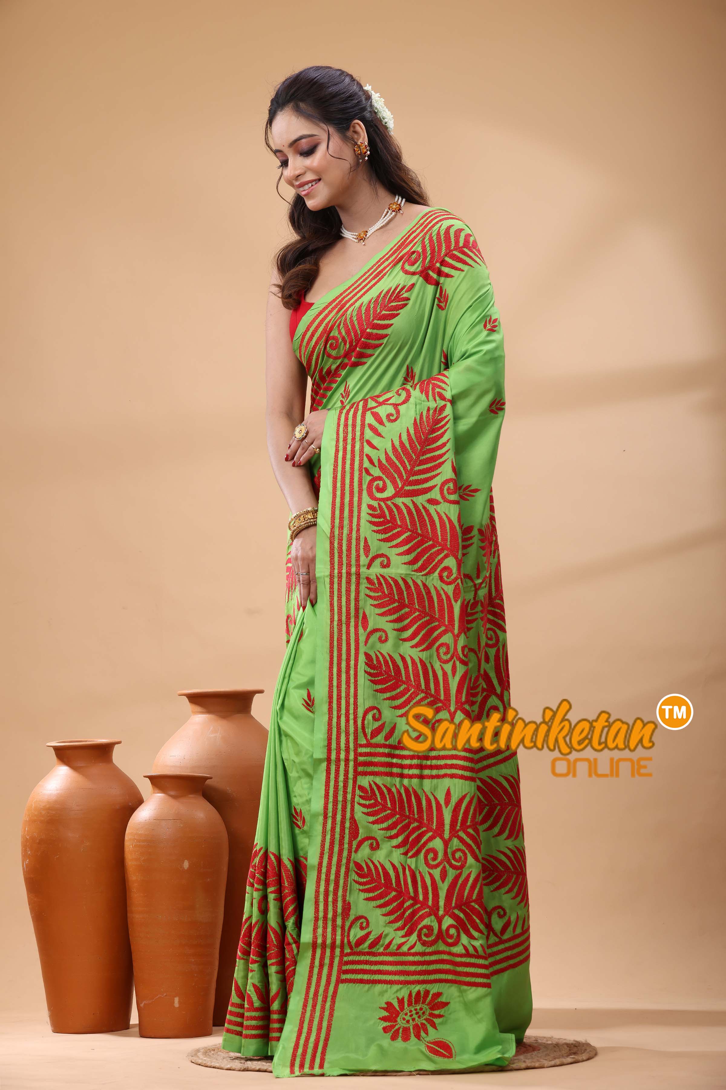Bangalore Silk Kantha Stitch Saree