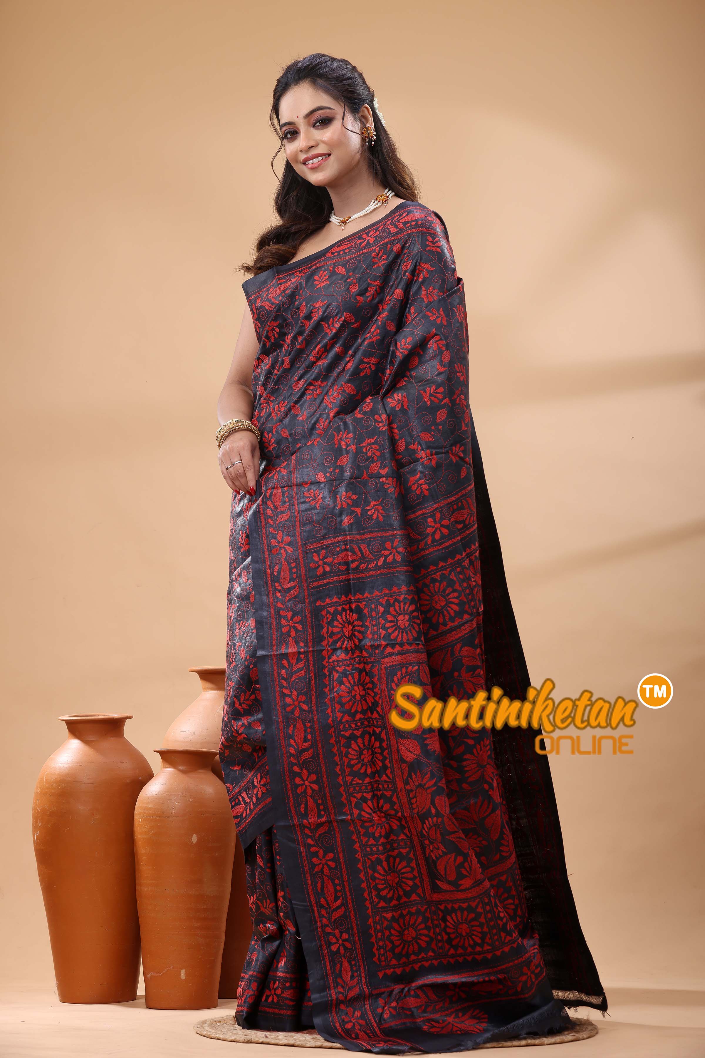 Pure Gachi Black Dye Tussar Silk Kantha Stitch Saree