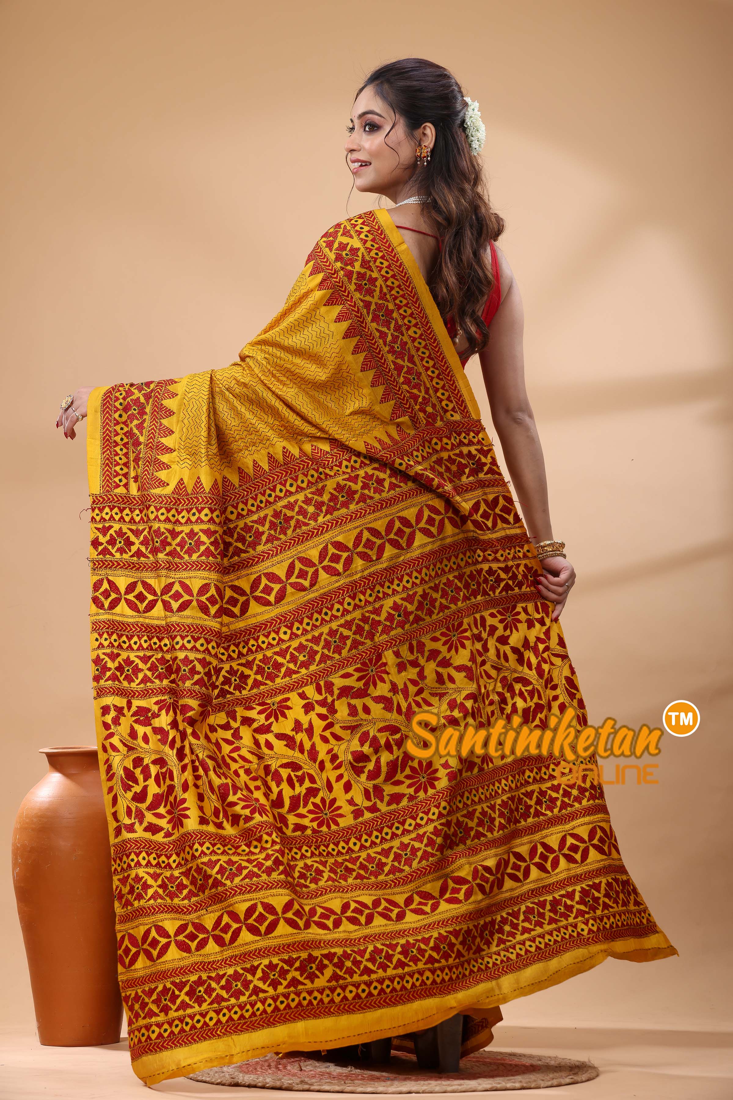 Bishnupuri (Katan) Silk Kantha Stitch Saree