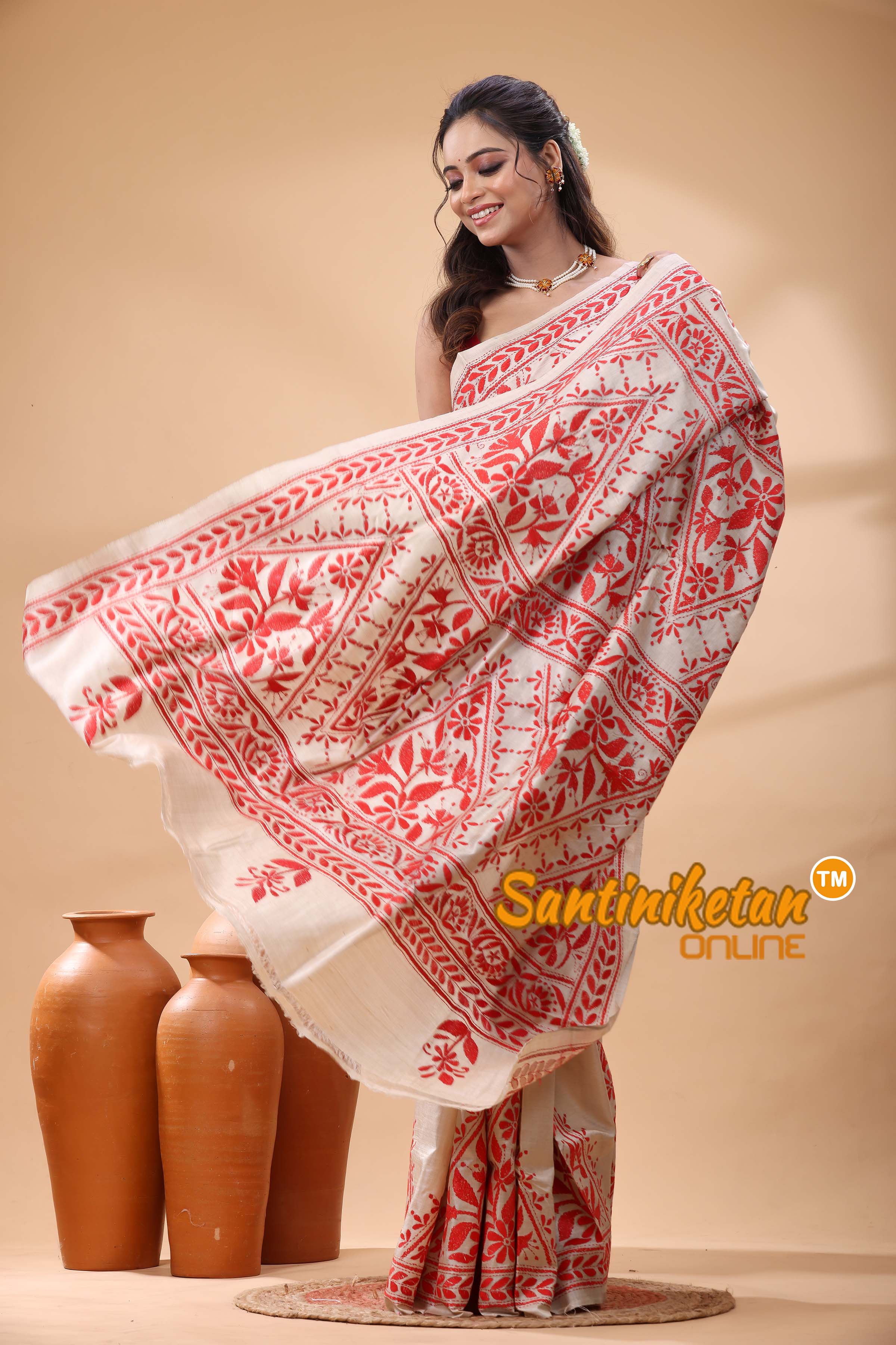 Pure Gachi Tussar Silk Kantha Stitch Saree