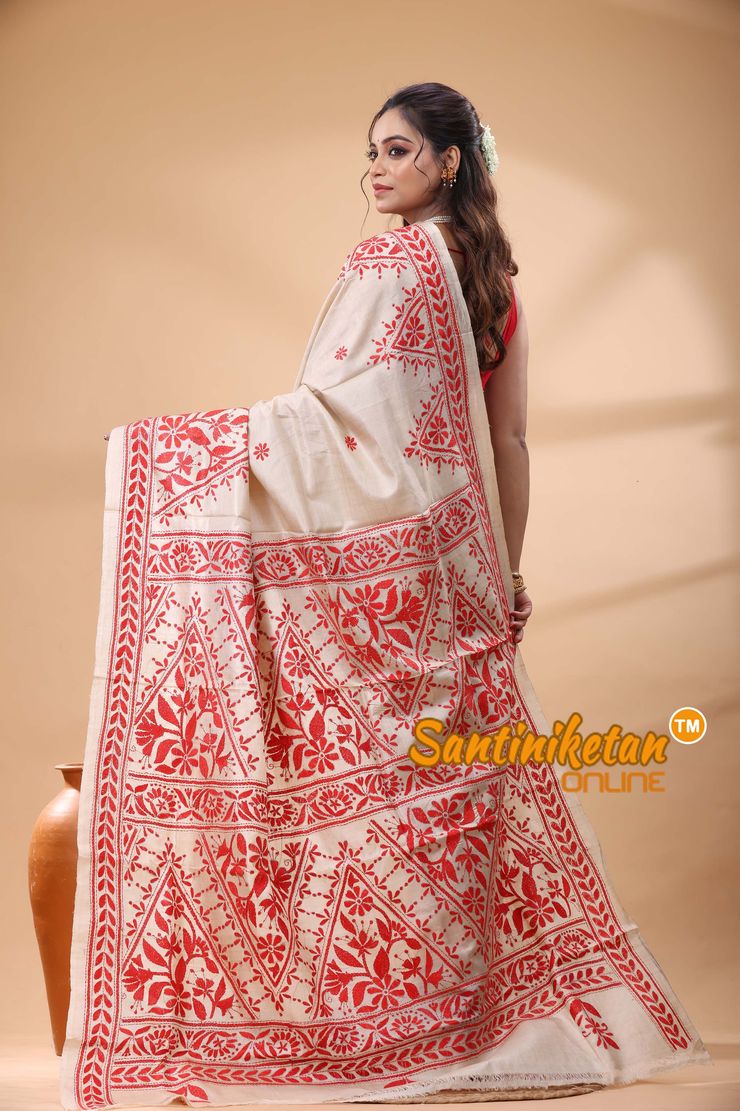 Pure Gachi Tussar Silk Kantha Stitch Saree