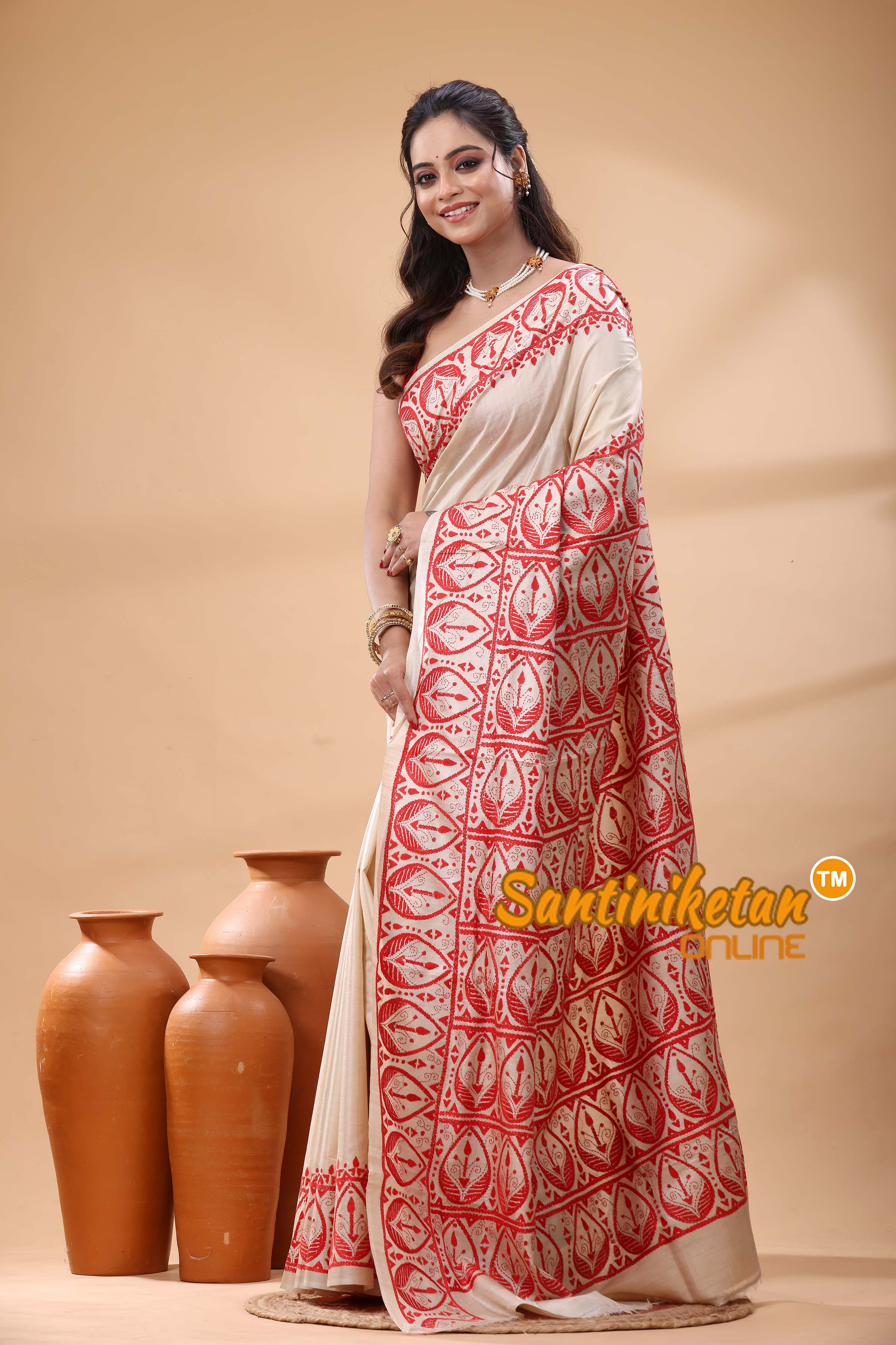 Pure Gachi Tussar Silk Kantha Stitch Saree