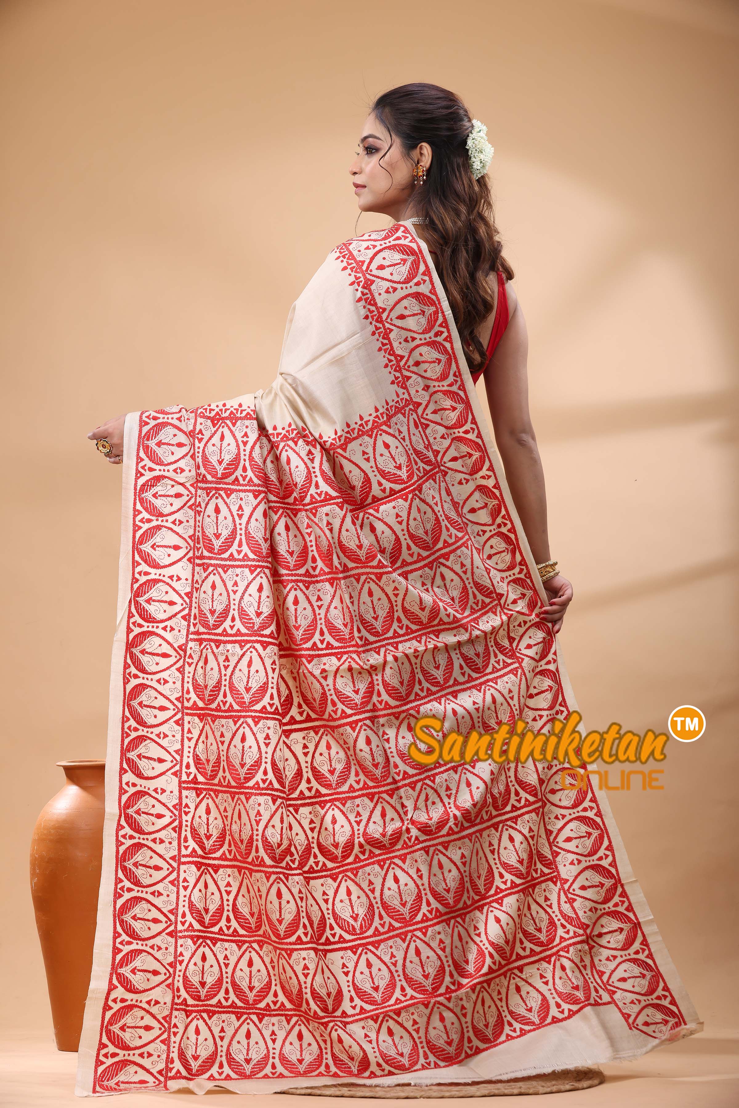 Pure Gachi Tussar Silk Kantha Stitch Saree