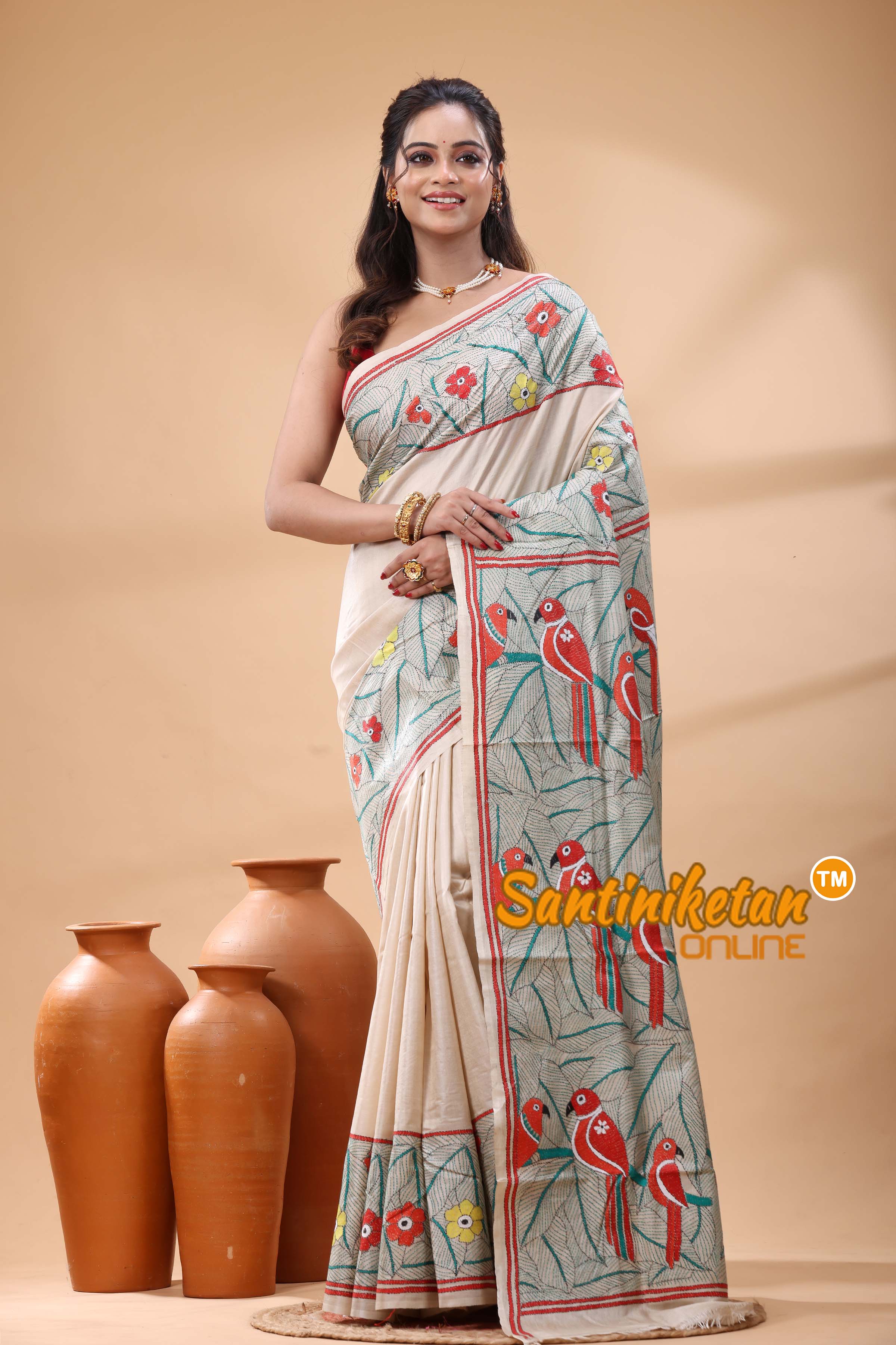 Pure Gachi Tussar Silk Kantha Stitch Saree