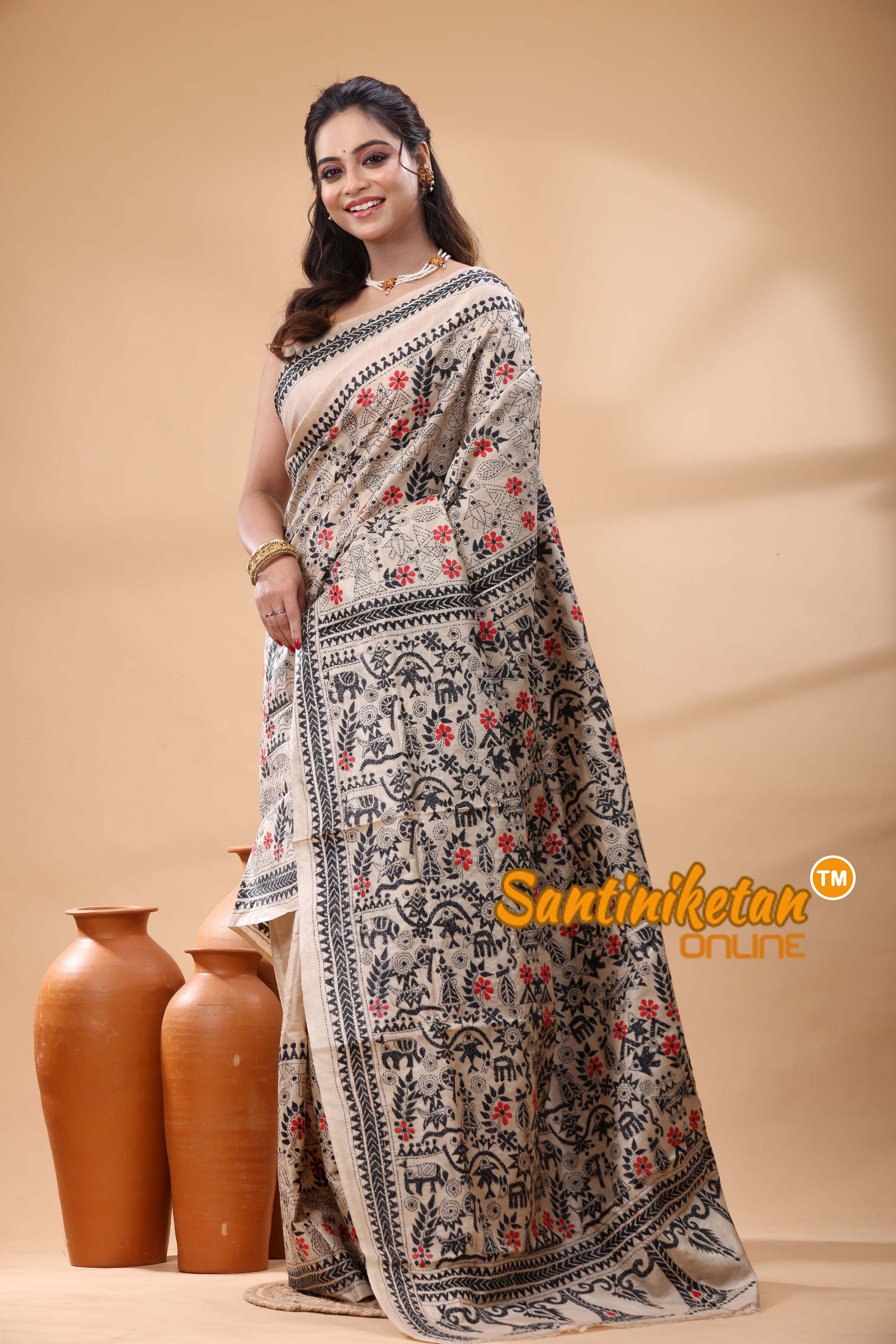 Pure Gachi Tussar Silk Kantha Stitch Saree