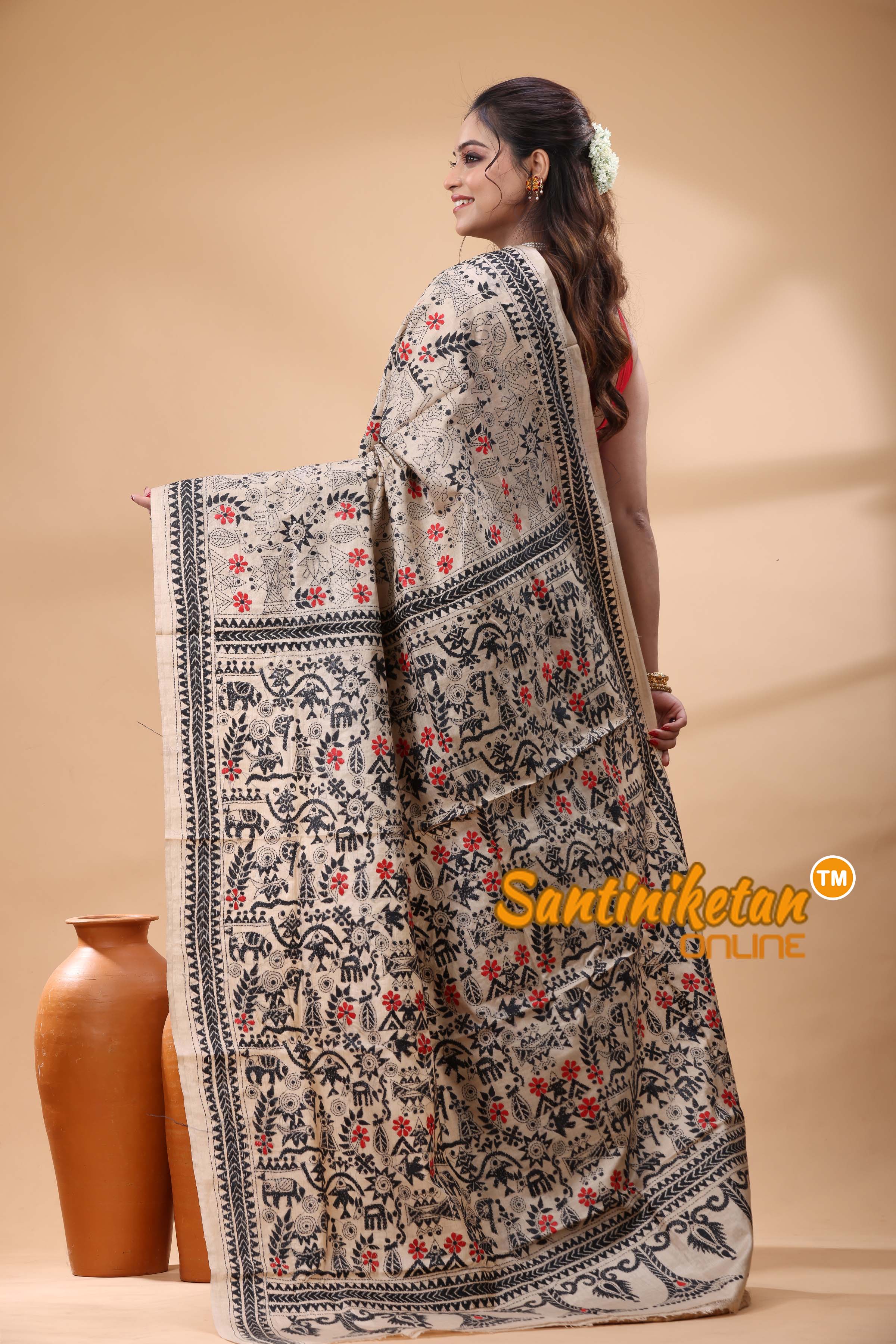 Pure Gachi Tussar Silk Kantha Stitch Saree