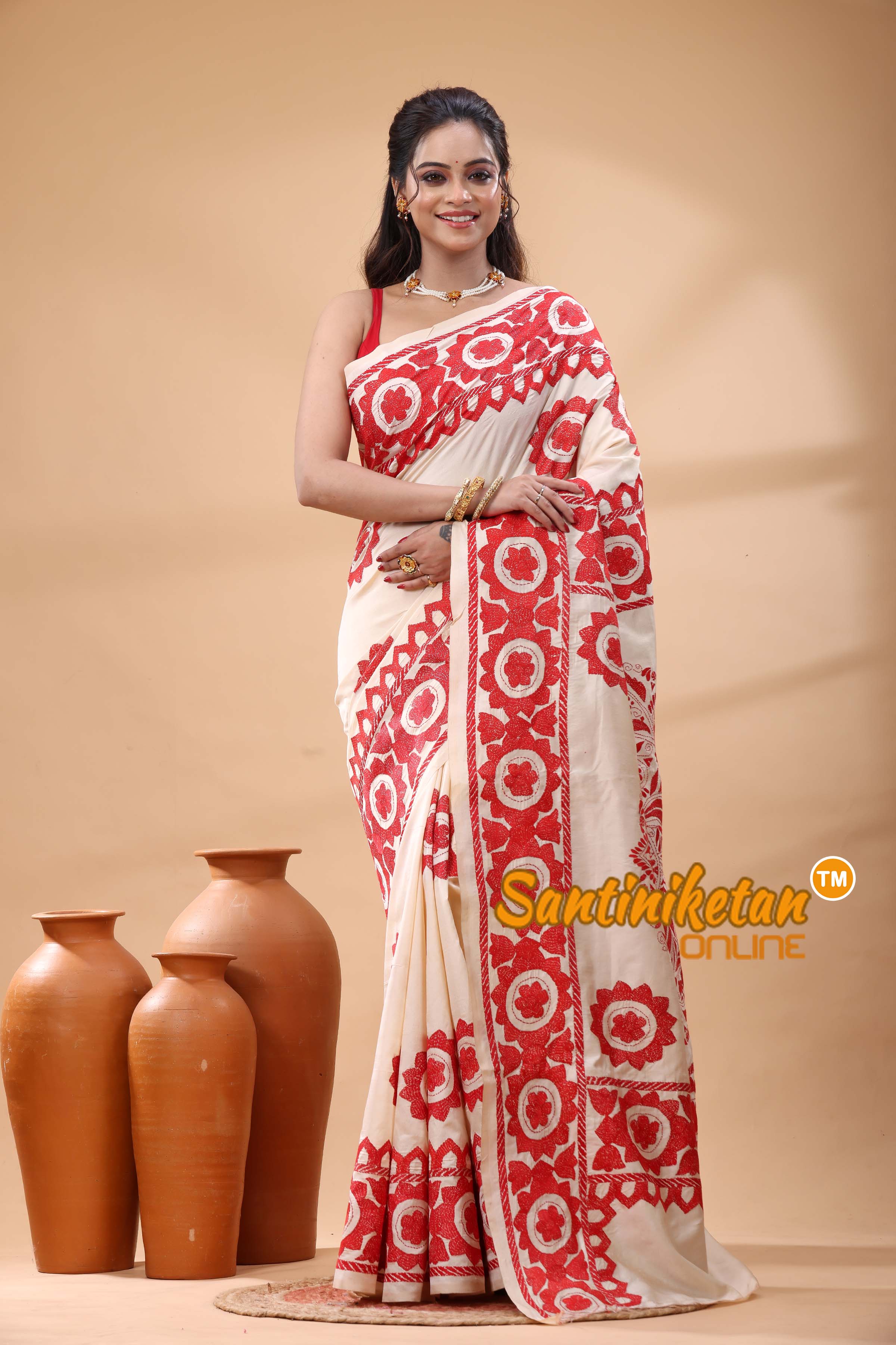 Tussar Silk Kantha Stitch Saree