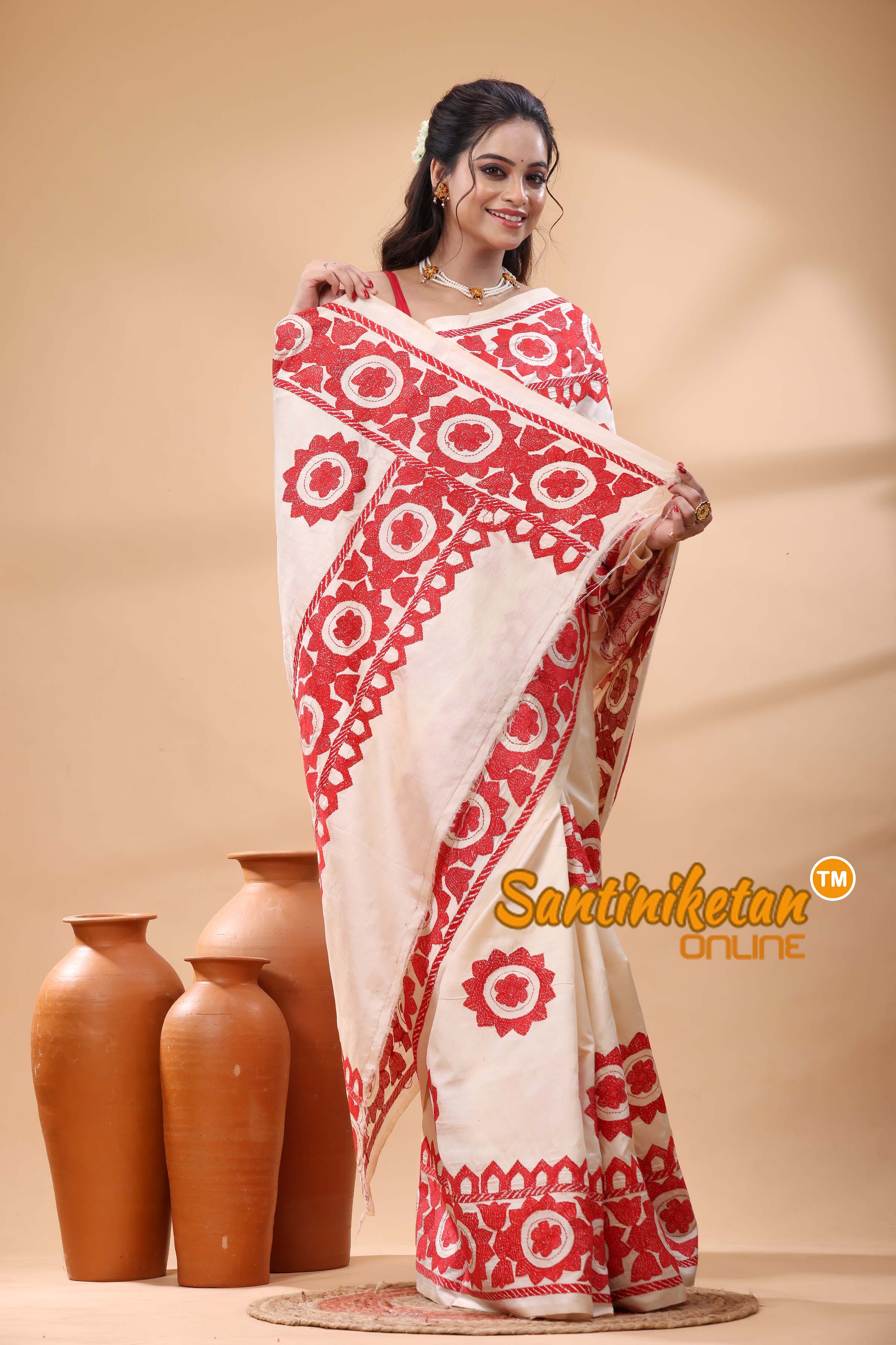 Tussar Silk Kantha Stitch Saree