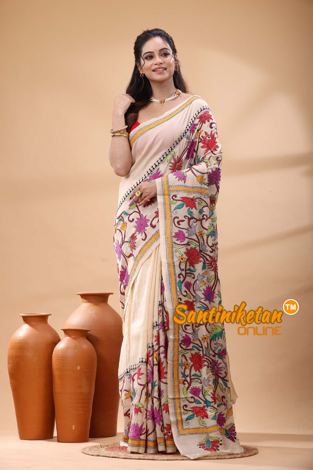 Tussar Silk Kantha Stitch Saree