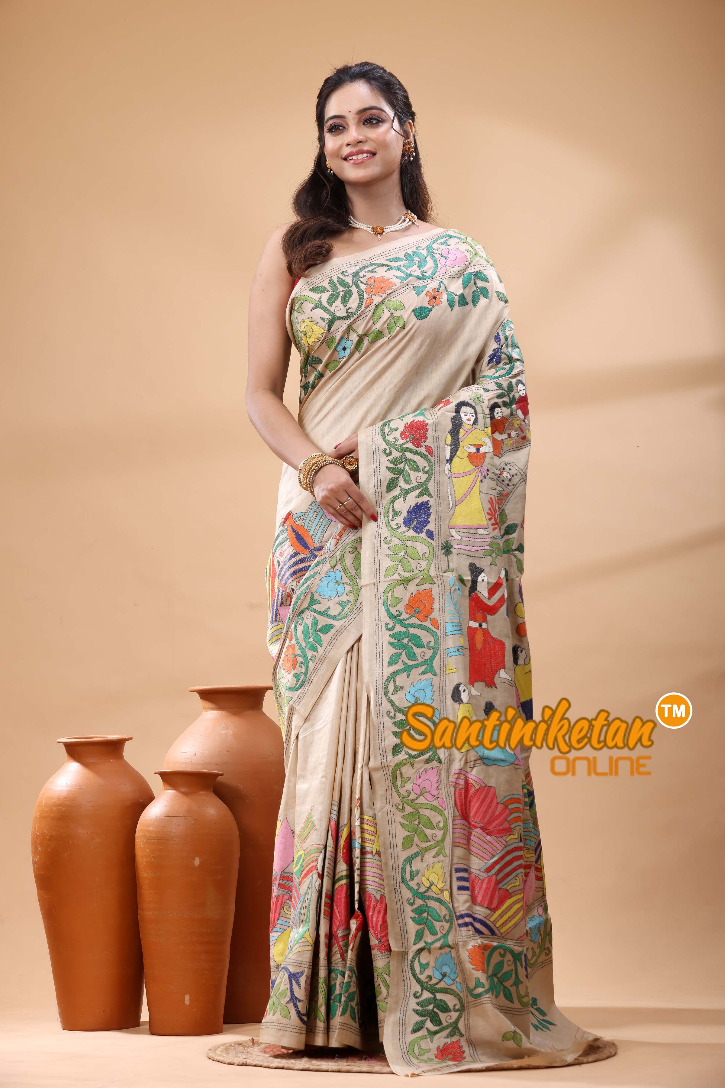 Pure Gachi Tussar Silk Kantha Stitch Saree