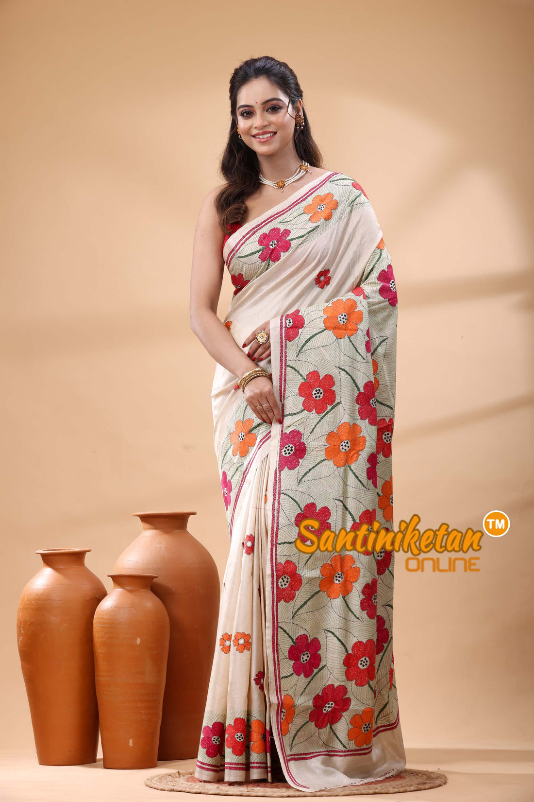 Pure Gachi Tussar Silk Kantha Stitch Saree