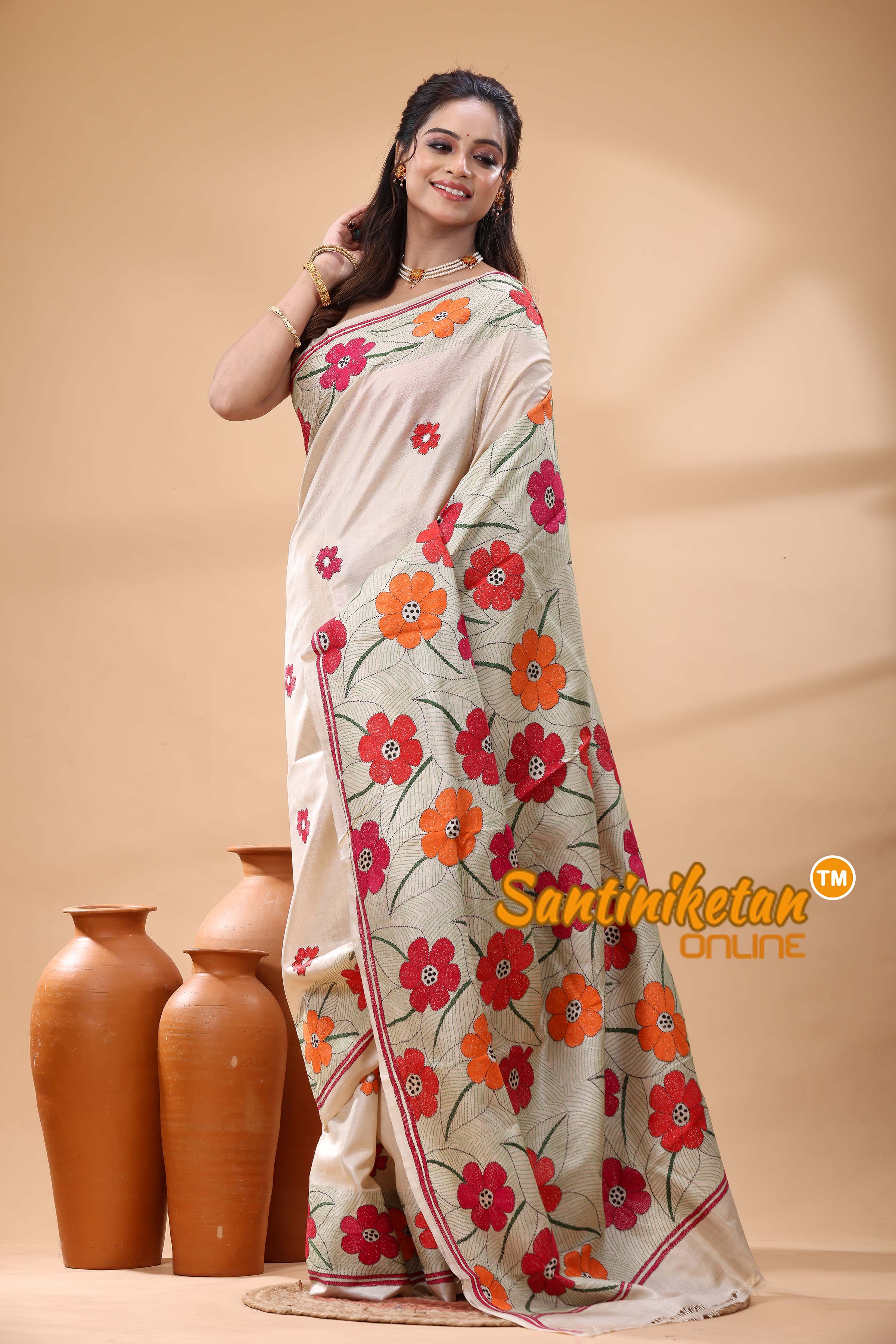 Pure Gachi Tussar Silk Kantha Stitch Saree