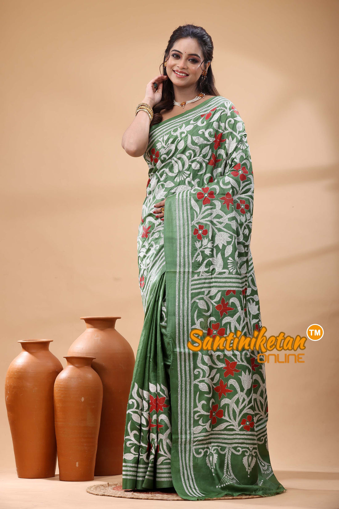 Pure Gachi Dye Tussar Silk Kantha Stitch Saree