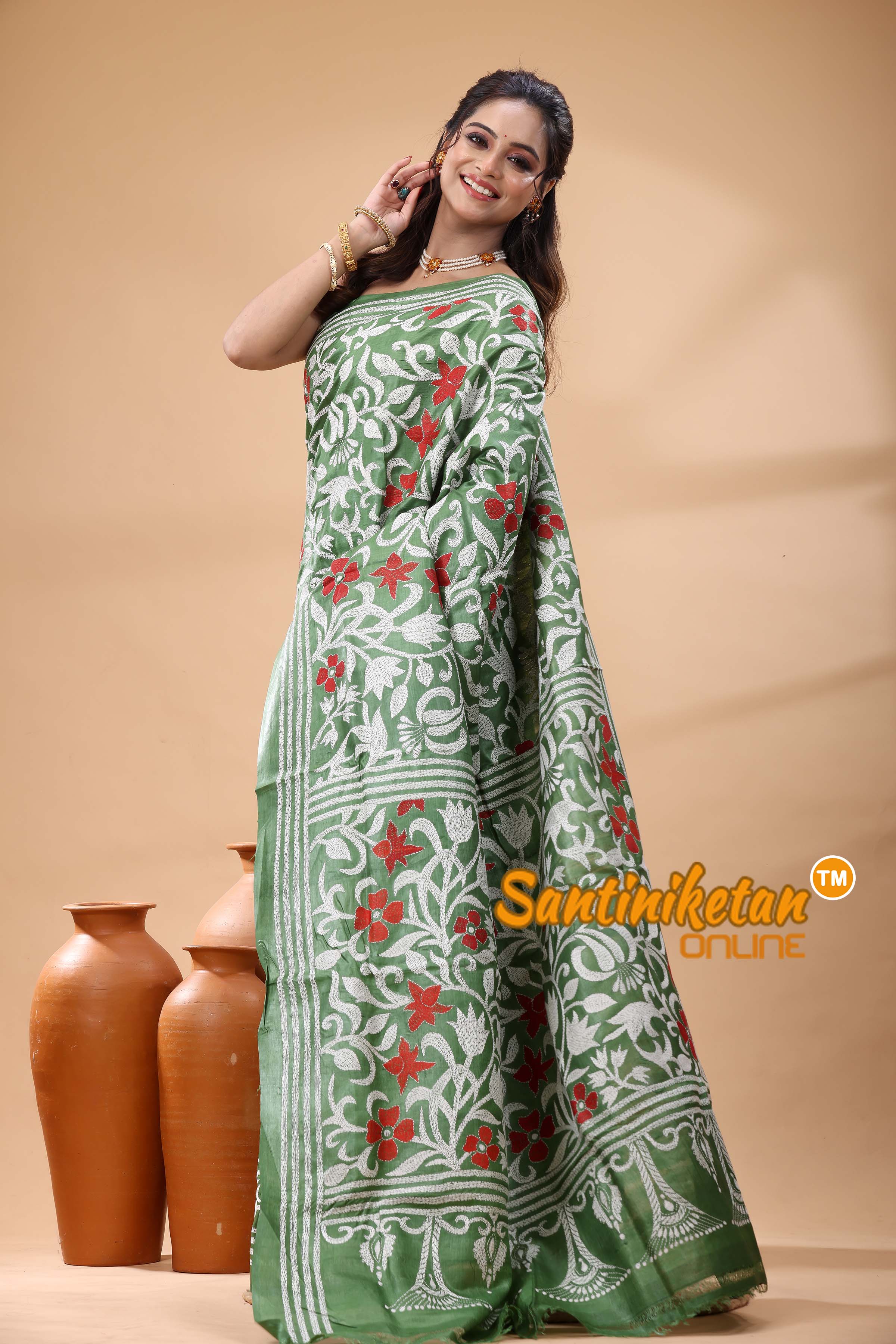 Pure Gachi Dye Tussar Silk Kantha Stitch Saree