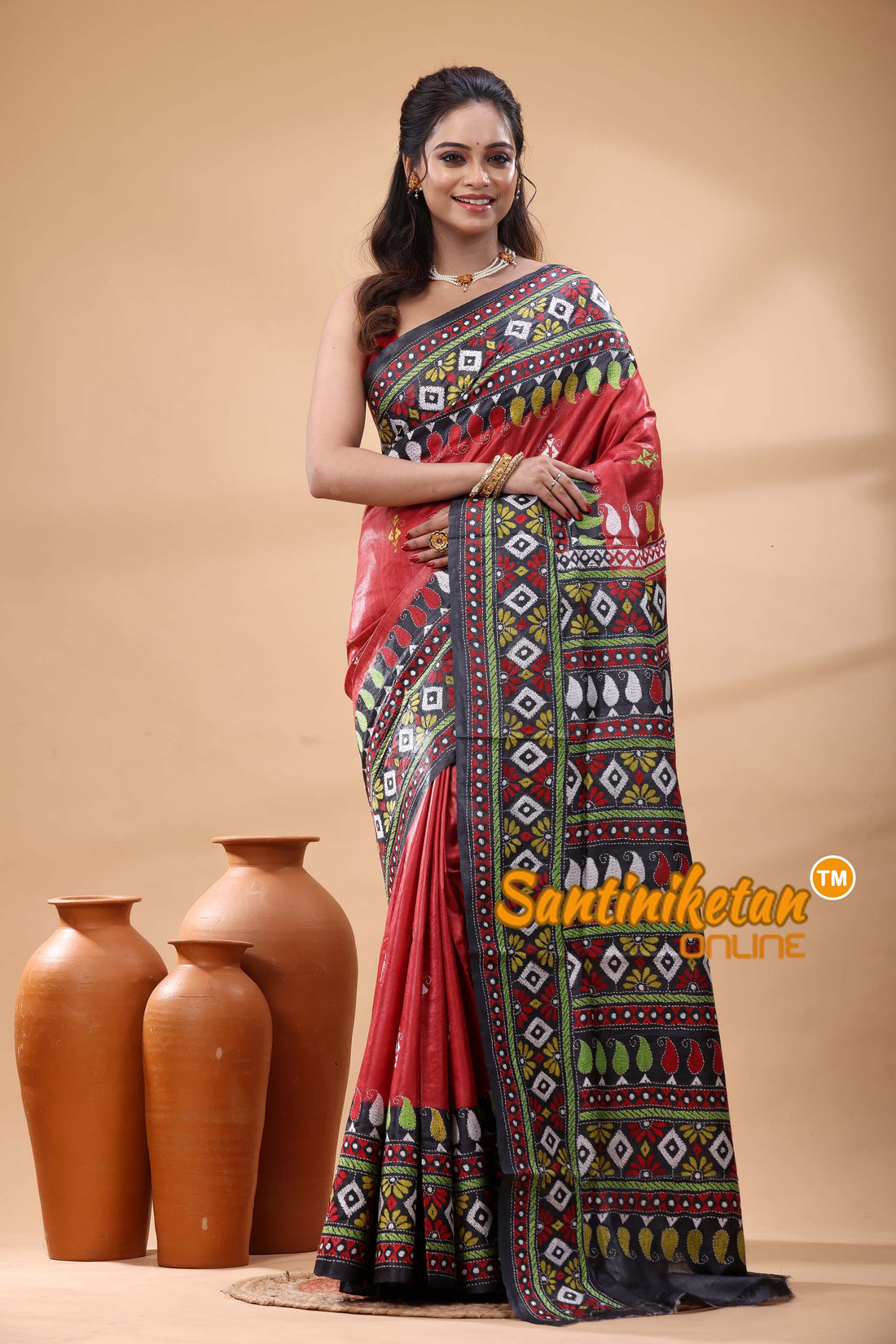 Pure Gachi Dye Tussar Silk Kantha Stitch Saree