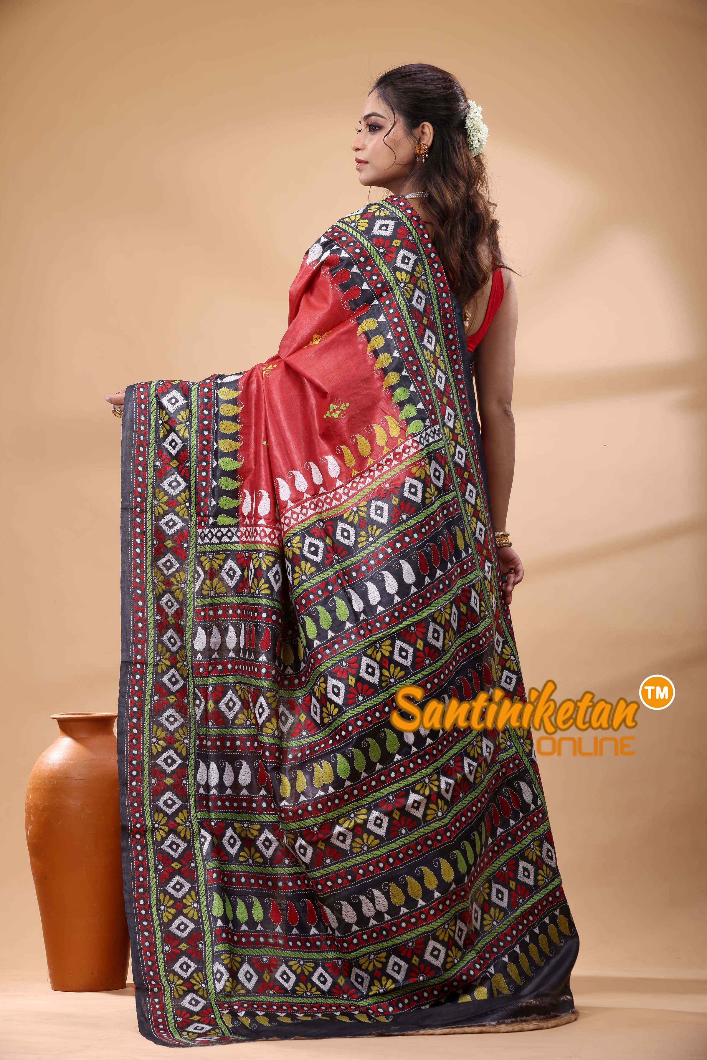 Pure Gachi Dye Tussar Silk Kantha Stitch Saree
