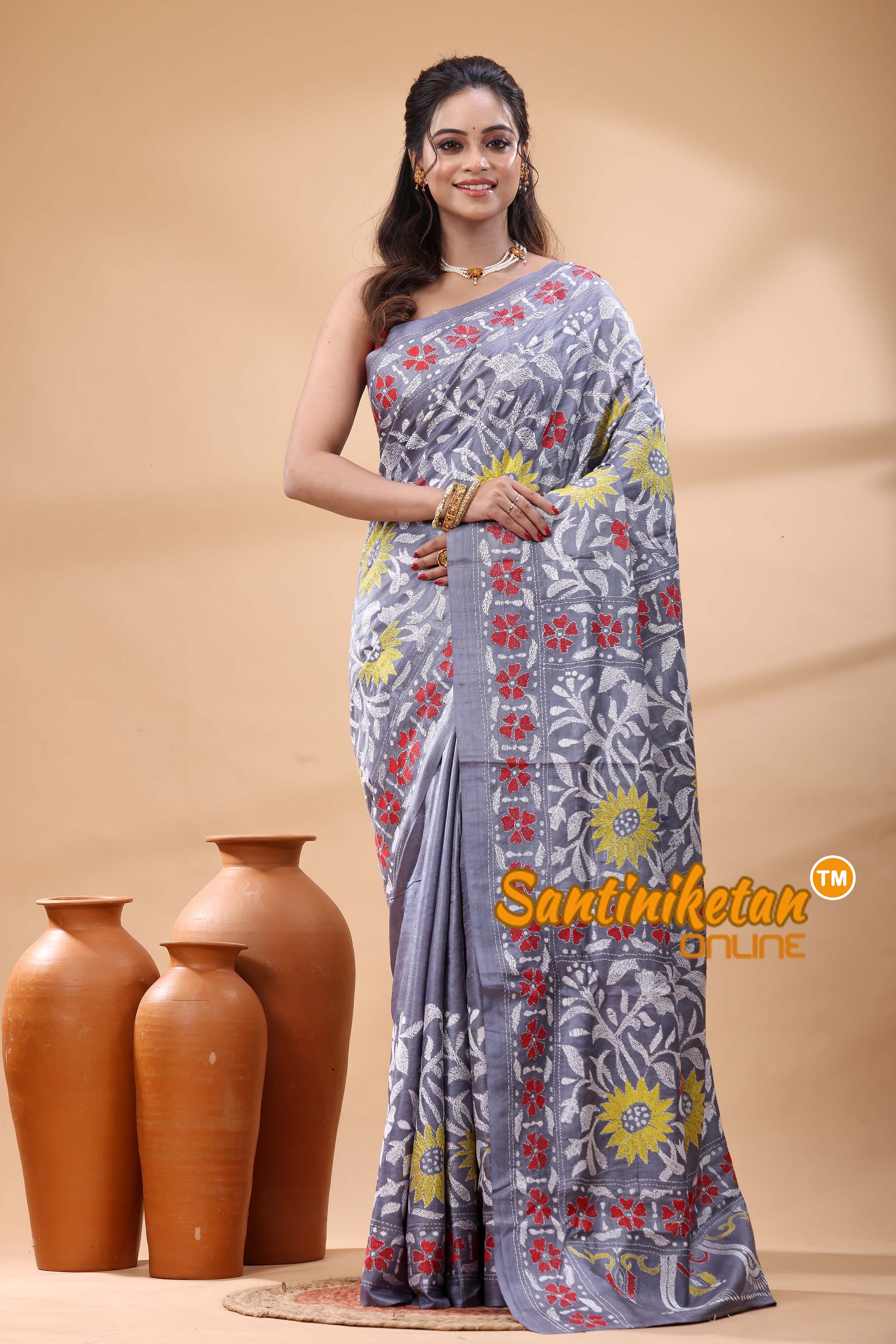 Pure Gachi Dye Tussar Silk Kantha Stitch Saree
