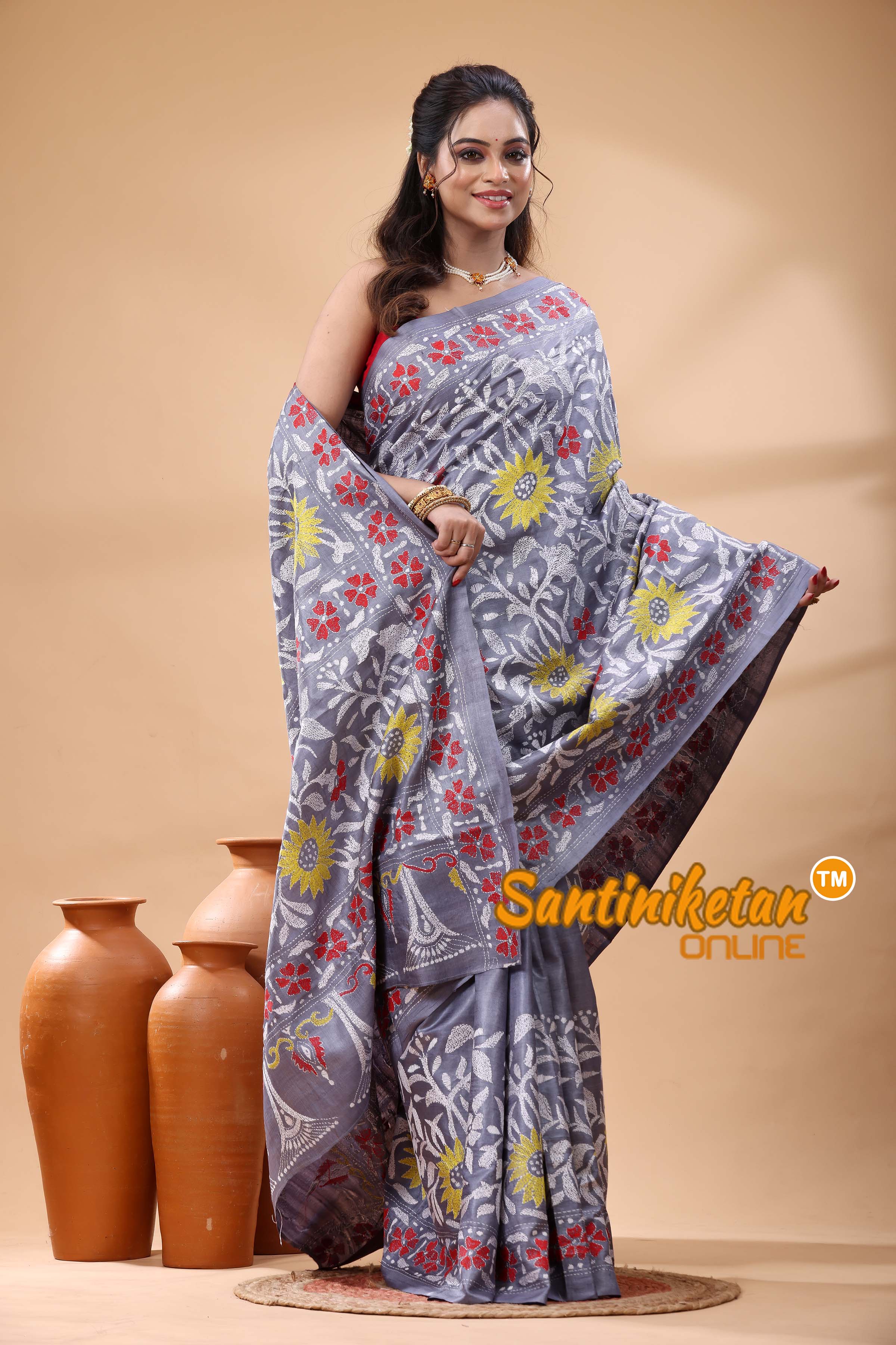 Pure Gachi Dye Tussar Silk Kantha Stitch Saree