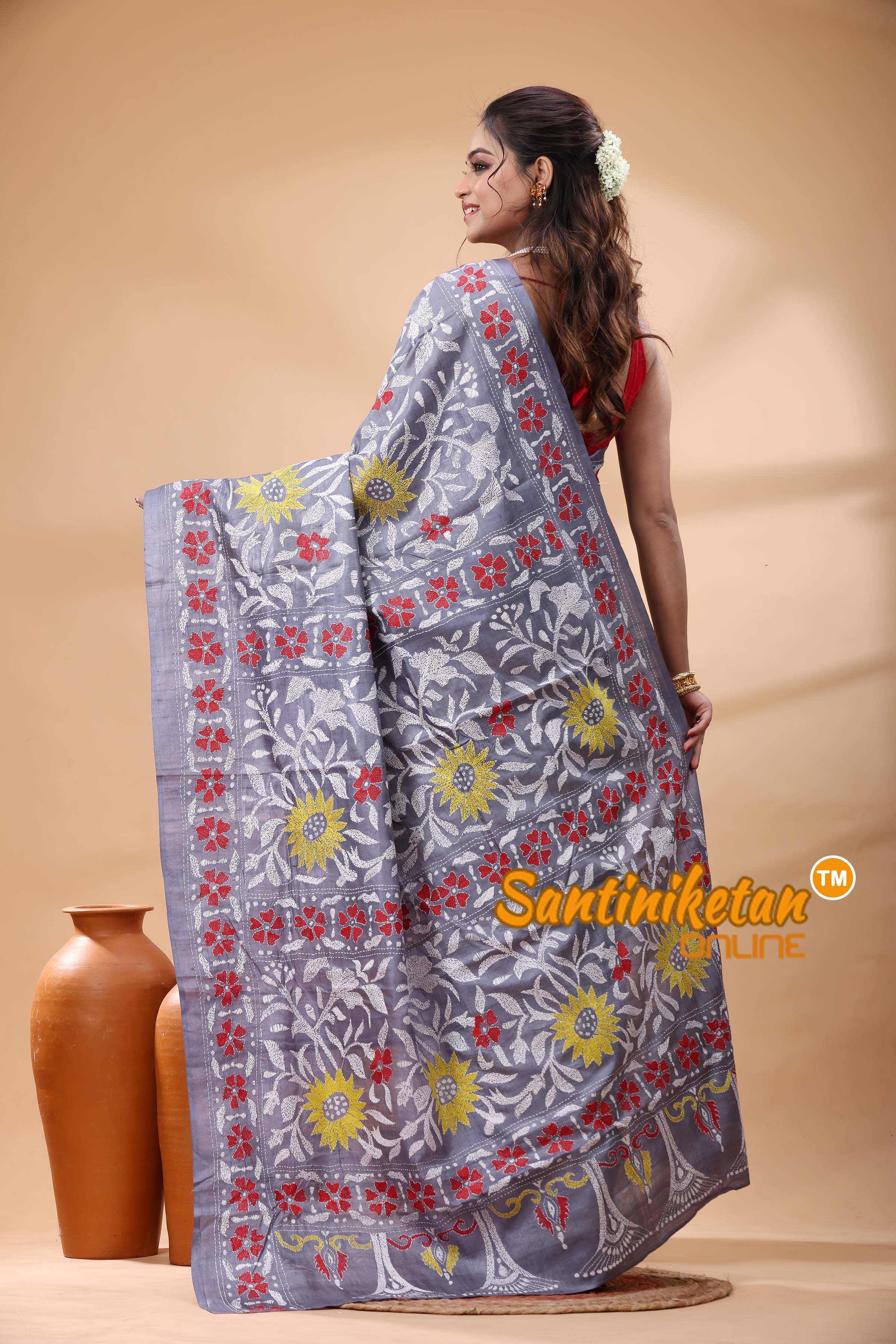 Pure Gachi Dye Tussar Silk Kantha Stitch Saree