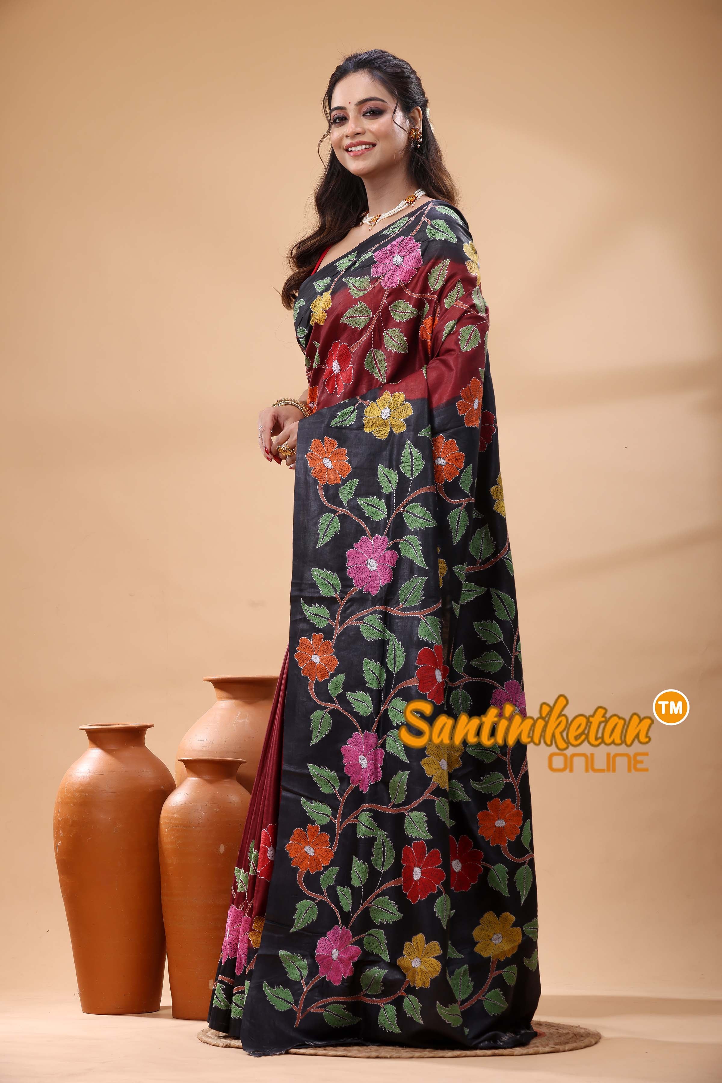 Pure Gachi Dye Tussar Silk Kantha Stitch Saree