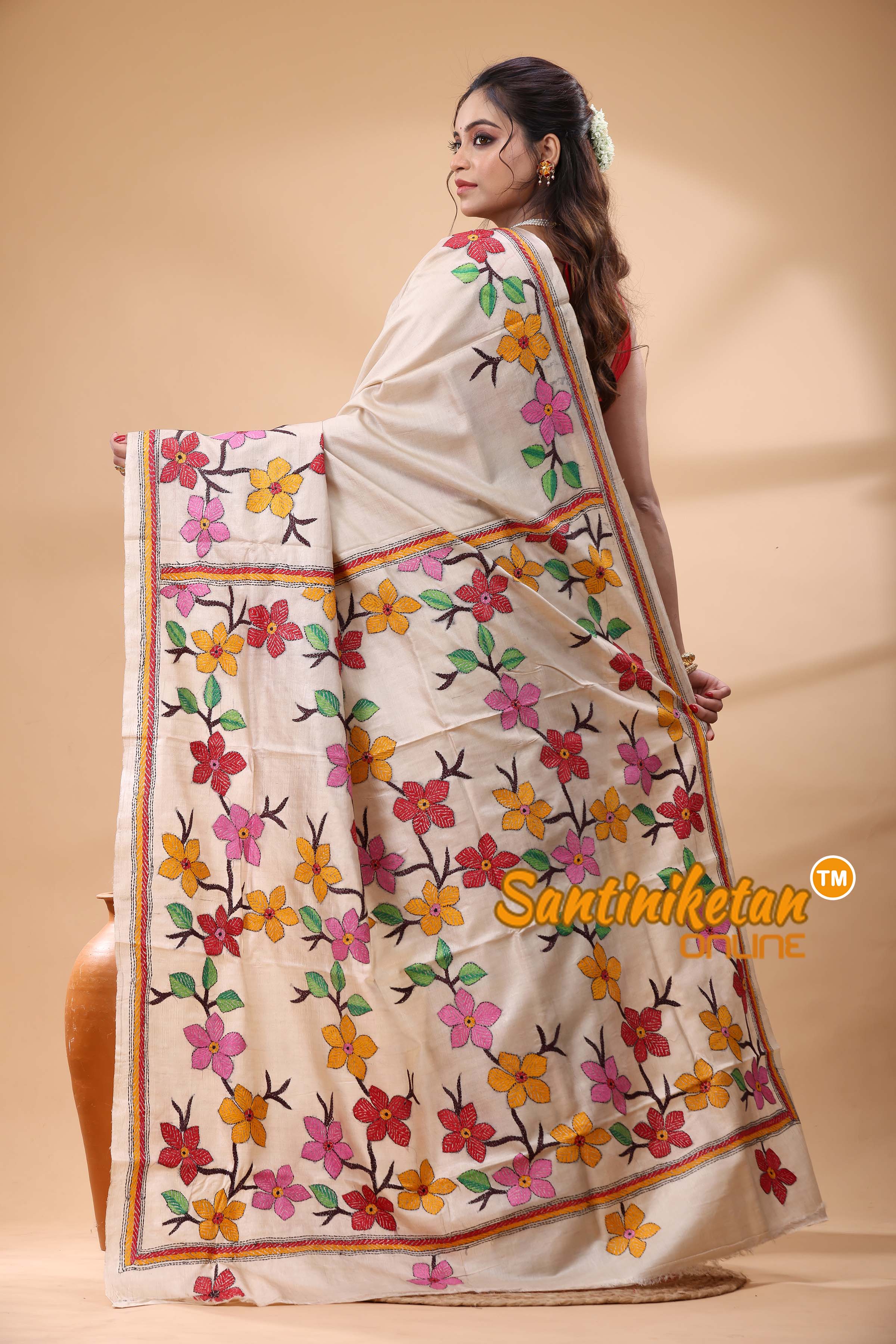 Pure Gachi Tussar Silk Kantha Stitch Saree