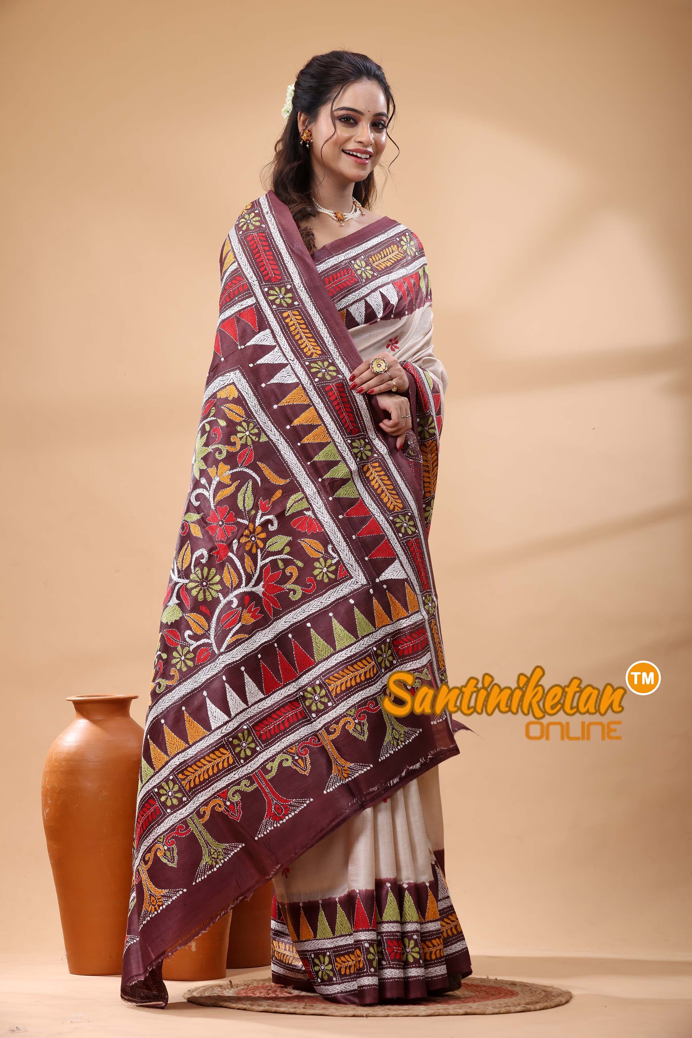 Pure Gachi Tussar Silk Kantha Stitch Saree