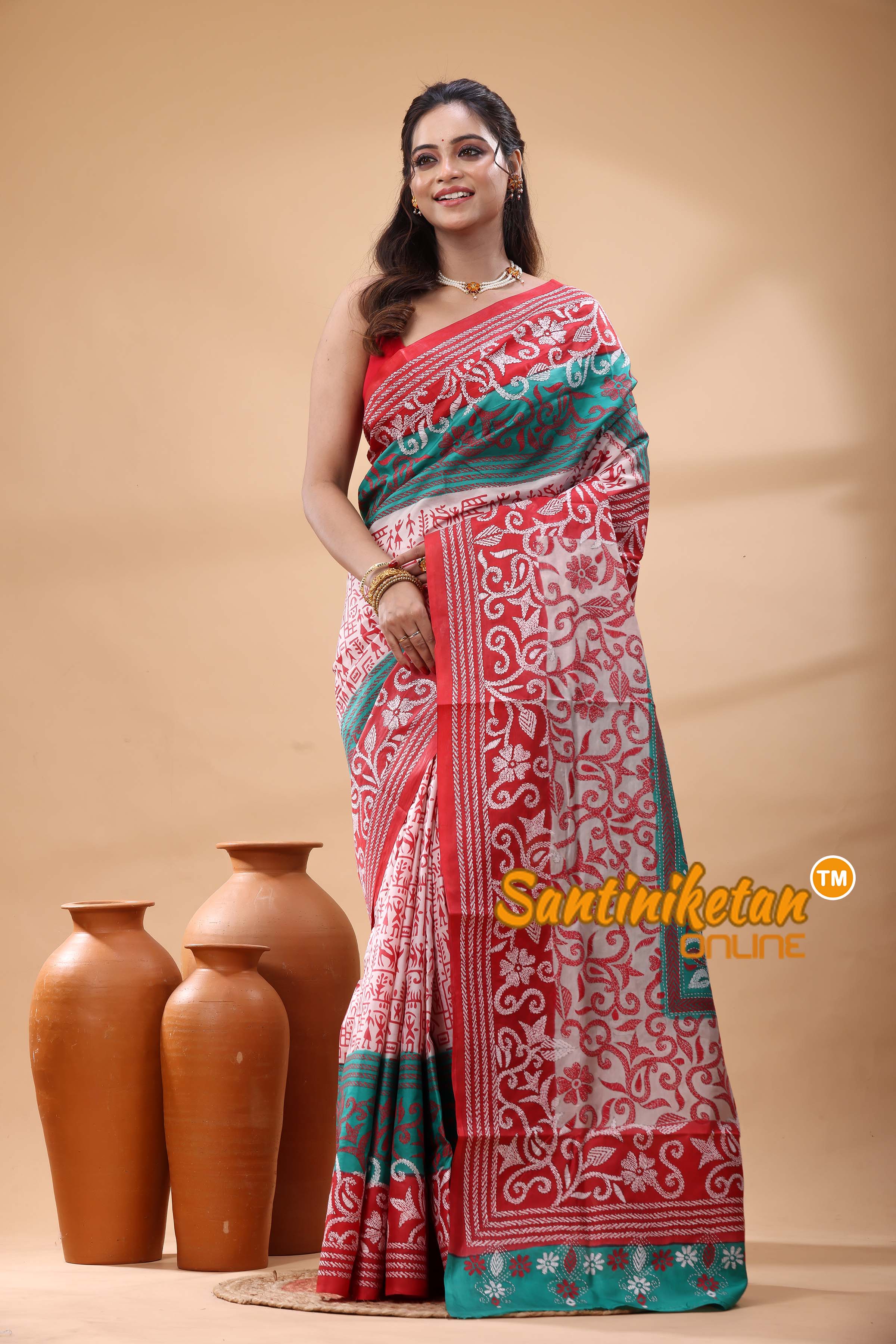Pure Bangalore Silk Kantha Stitch Saree