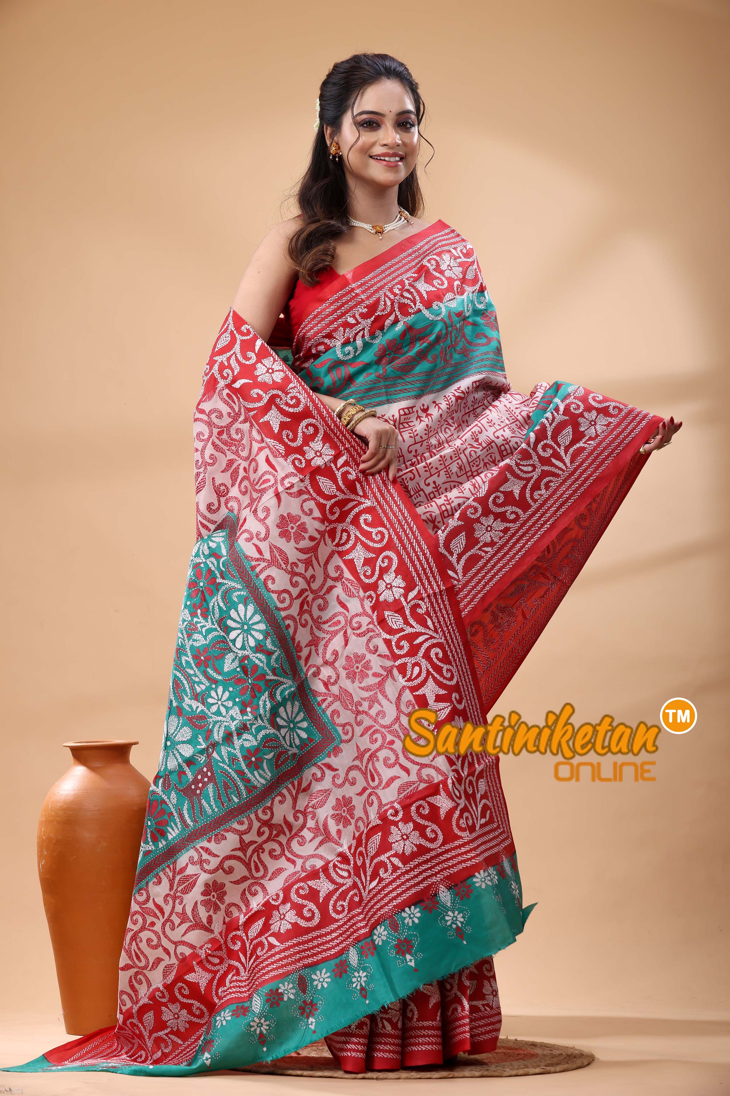 Pure Bangalore Silk Kantha Stitch Saree