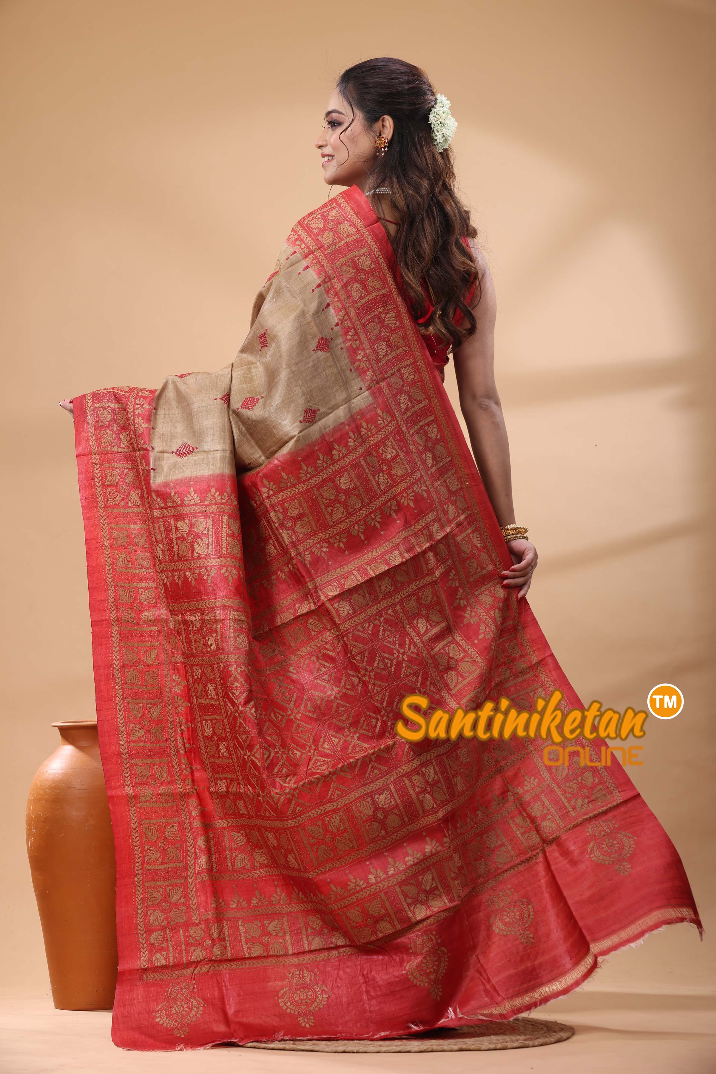 Pure Gachi Dye Tussar Silk Kantha Stitch Saree