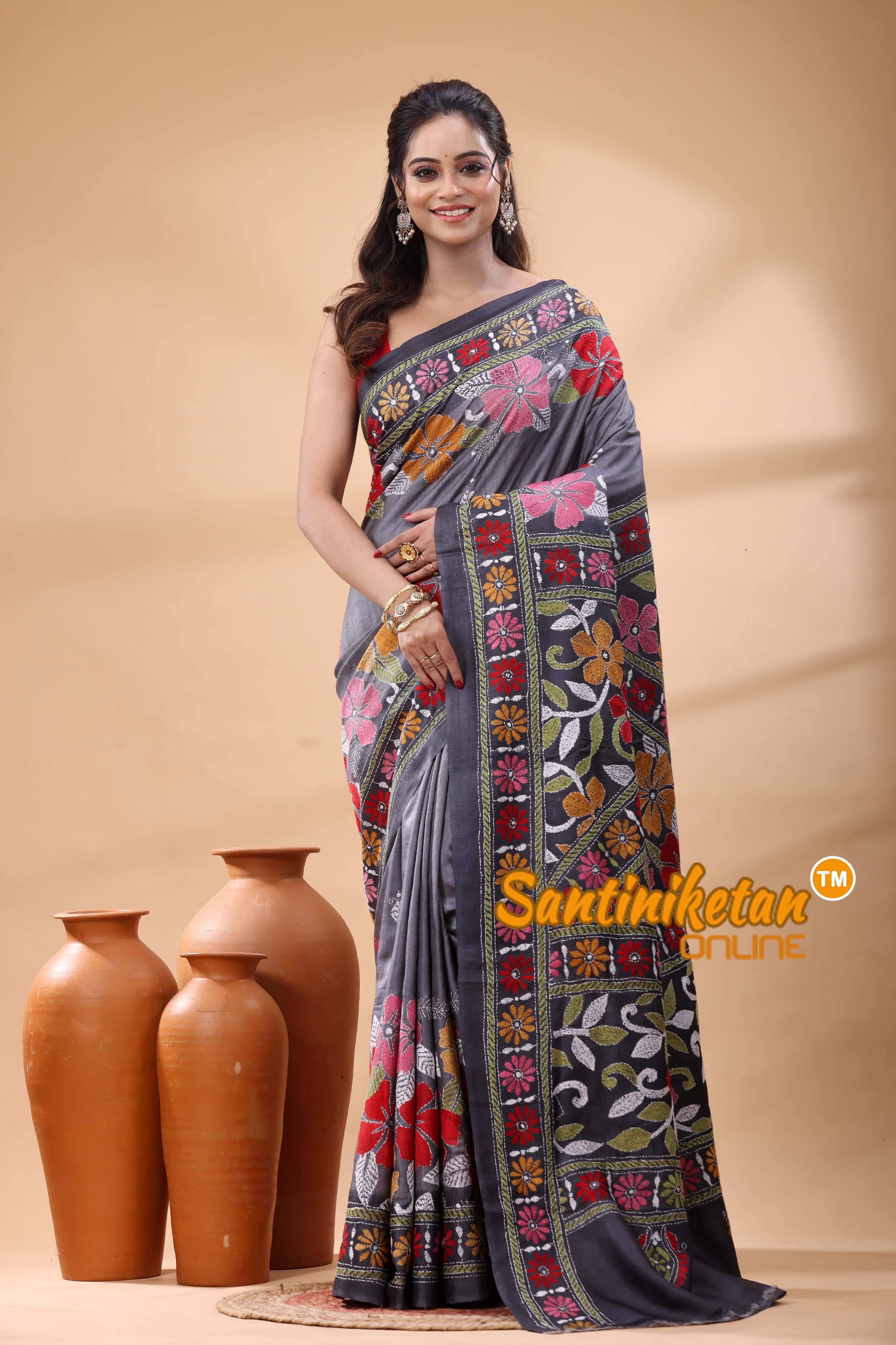 Pure Gachi Dye Tussar Silk Kantha Stitch Saree