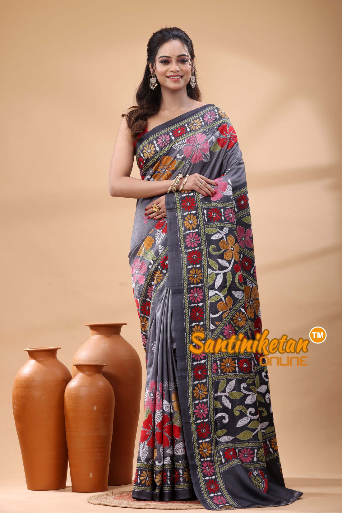 Pure Gachi Dye Tussar Silk Kantha Stitch Saree