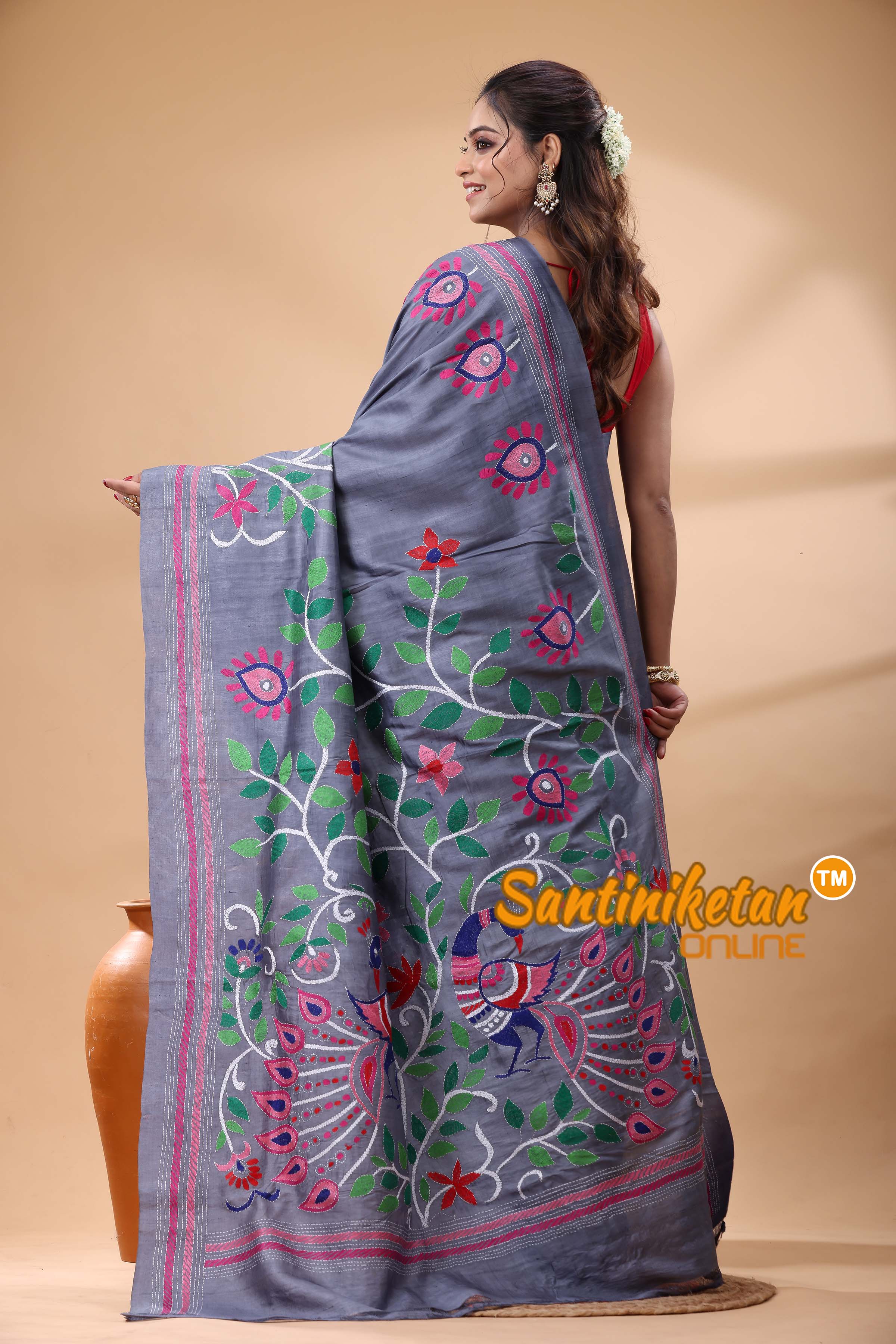 Pure Murshidabad Silk Kantha Stitch Saree