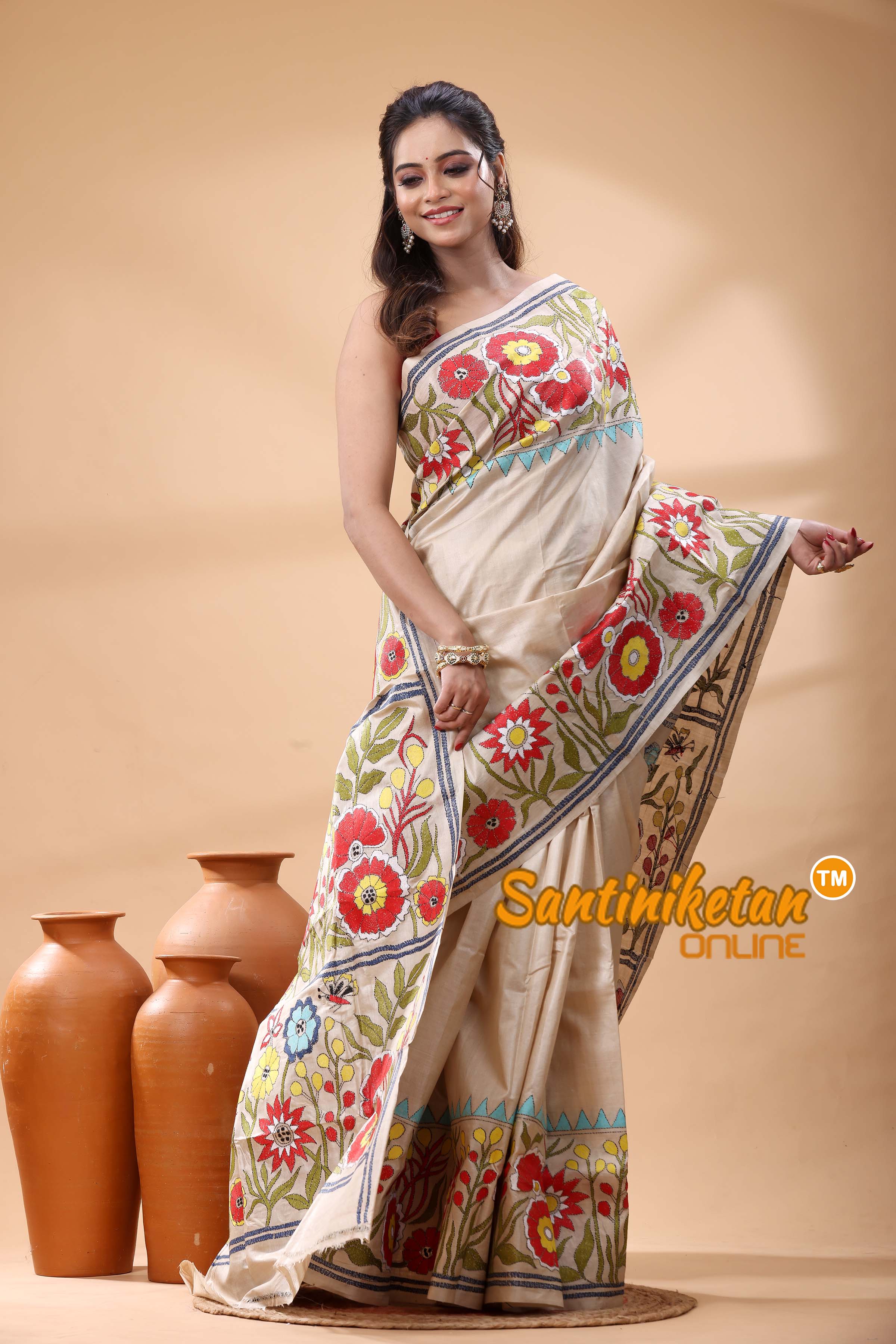 Pure Gachi Tussar Silk Kantha Stitch Saree
