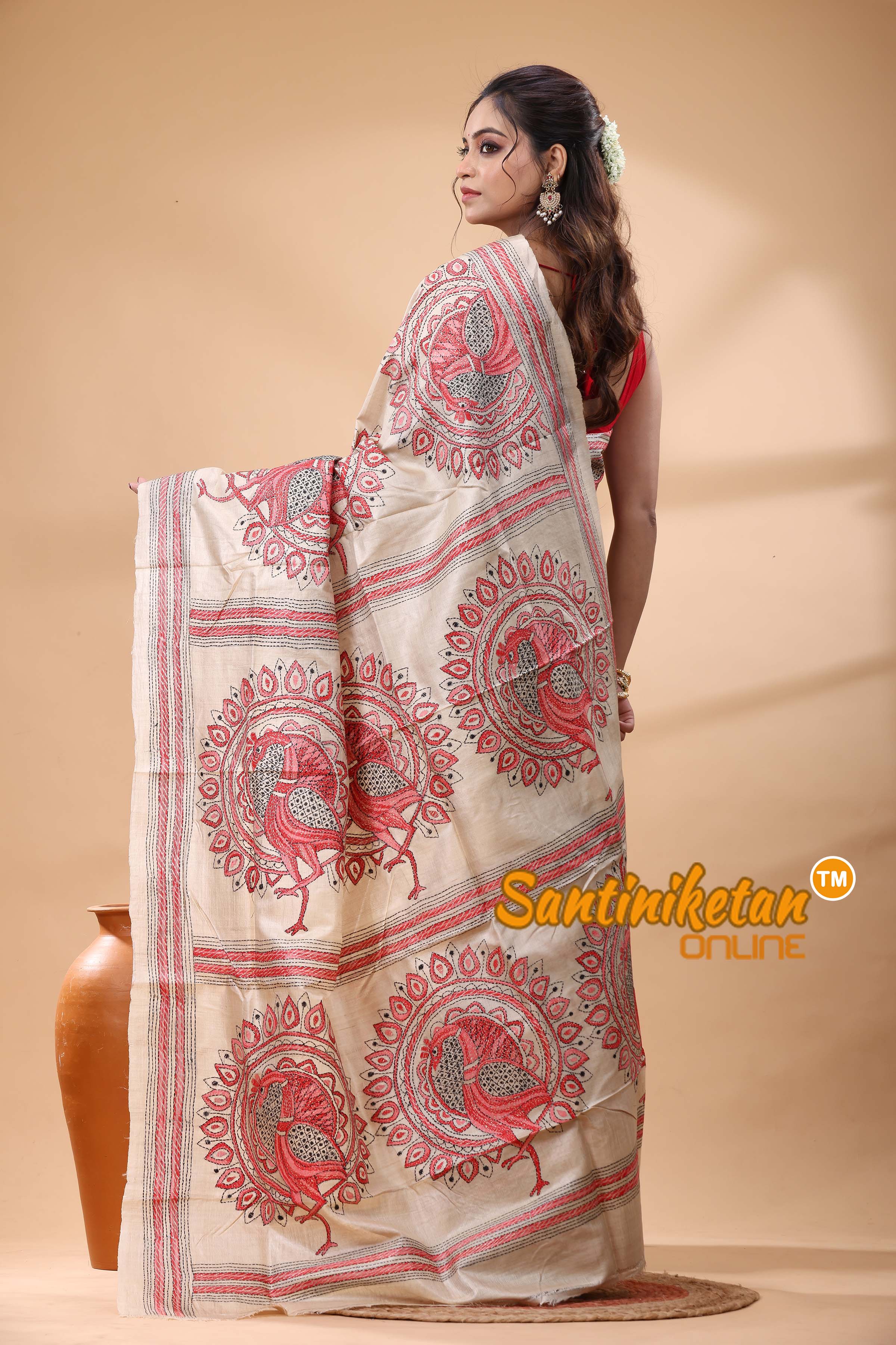 Pure Gachi Tussar Silk Kantha Stitch Saree