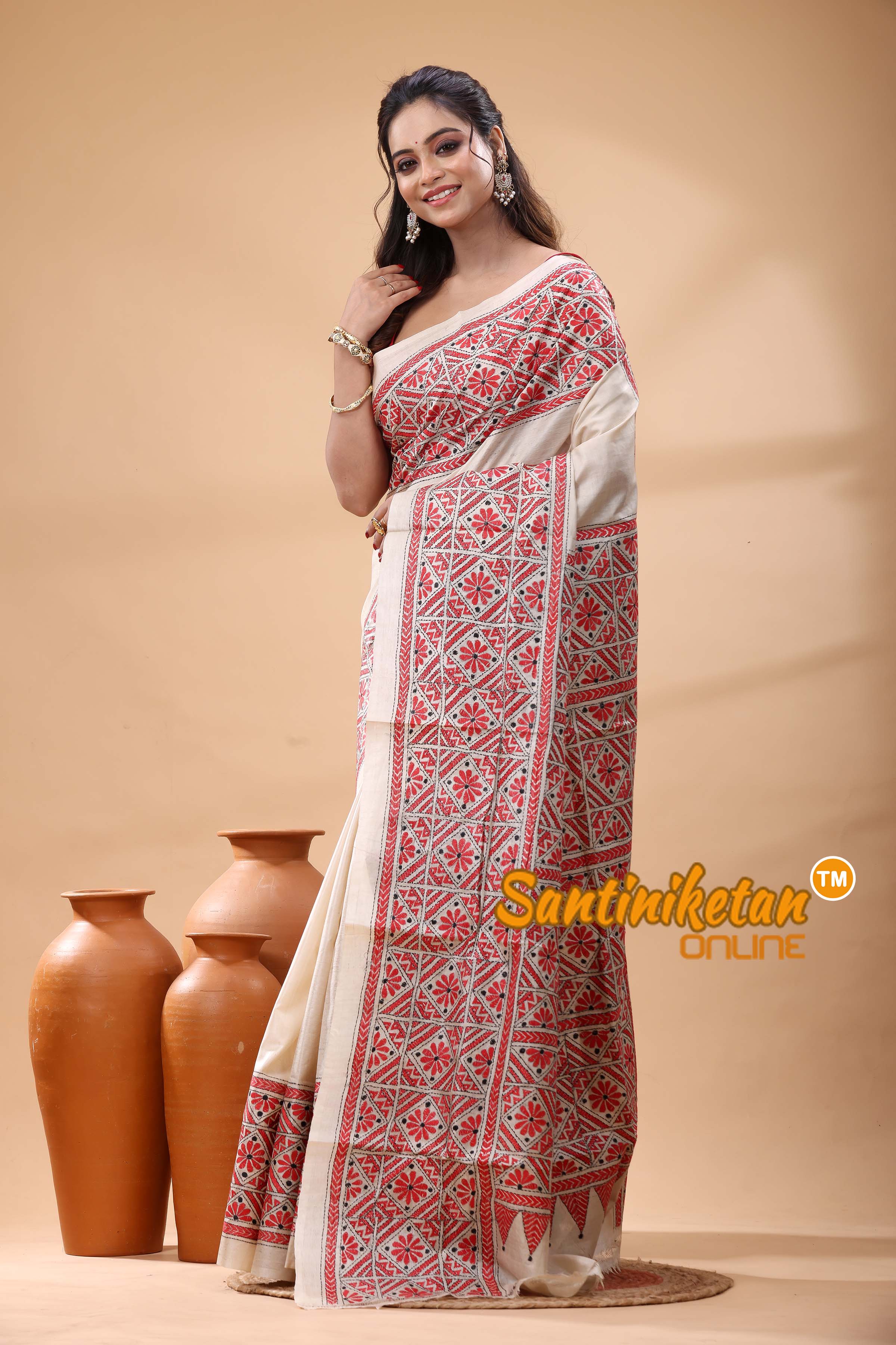 Pure Gachi Tussar Silk Kantha Stitch Saree