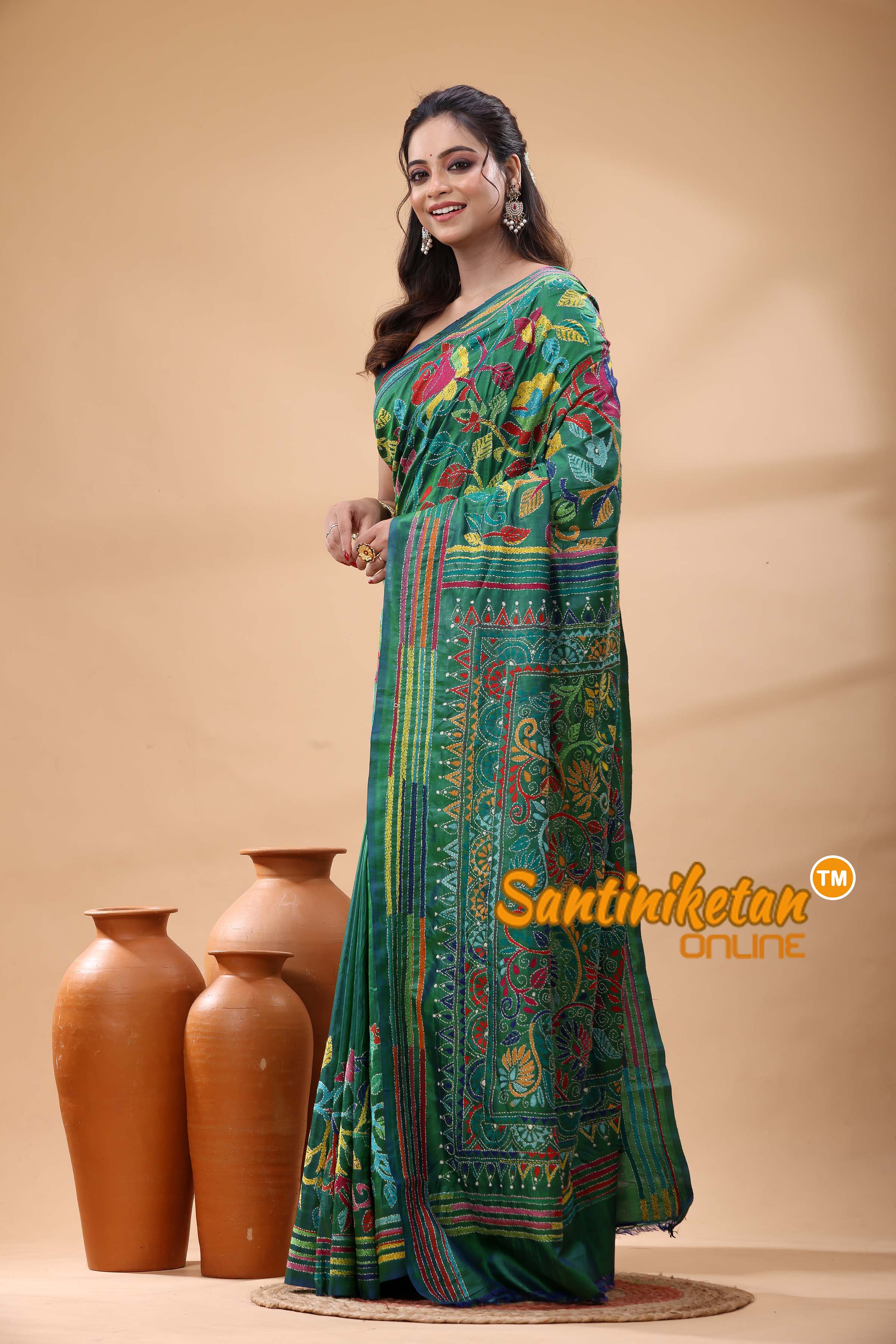 Bishnupuri (Katan) Silk Kantha Stitch Saree