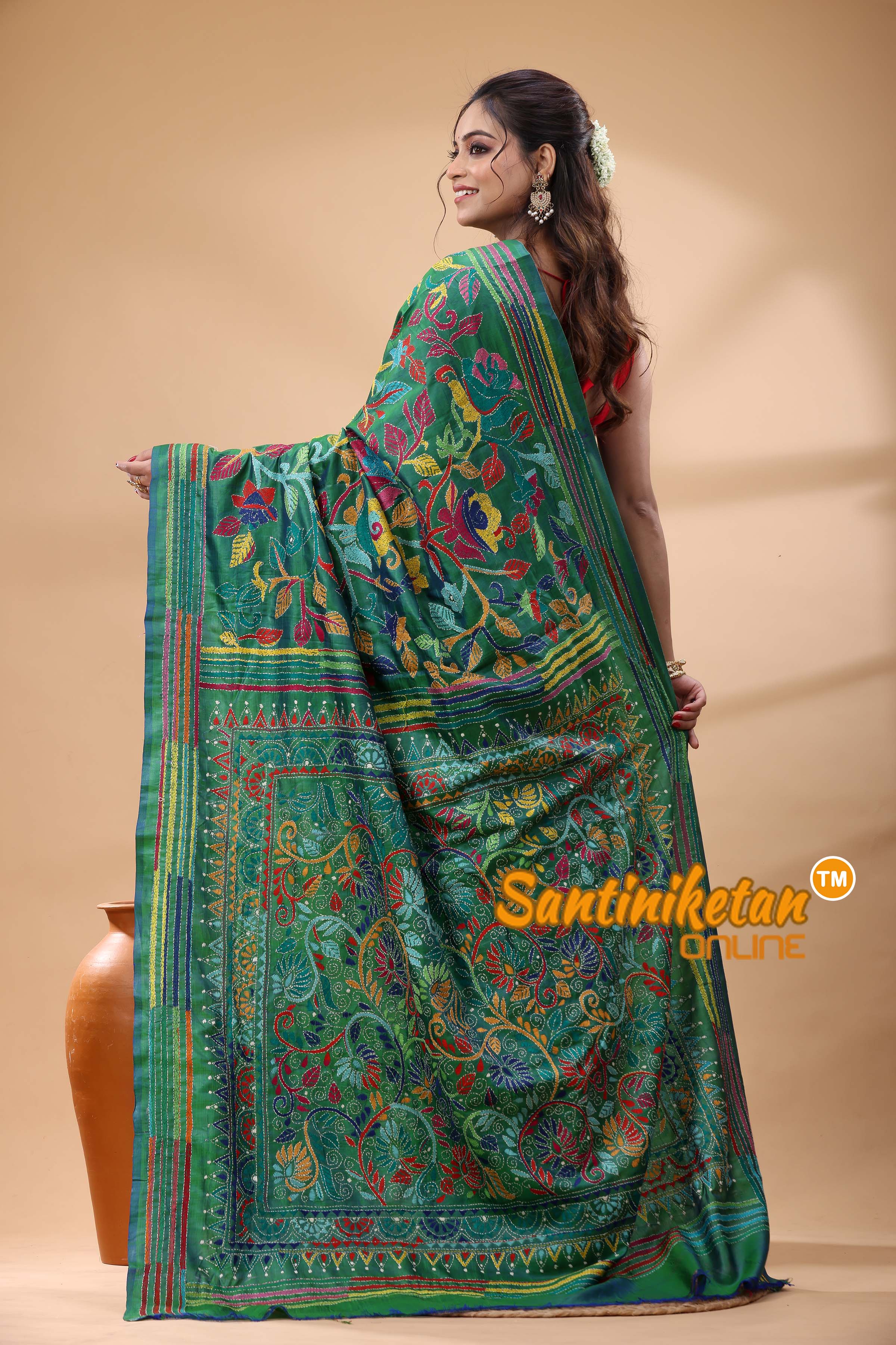 Bishnupuri (Katan) Silk Kantha Stitch Saree