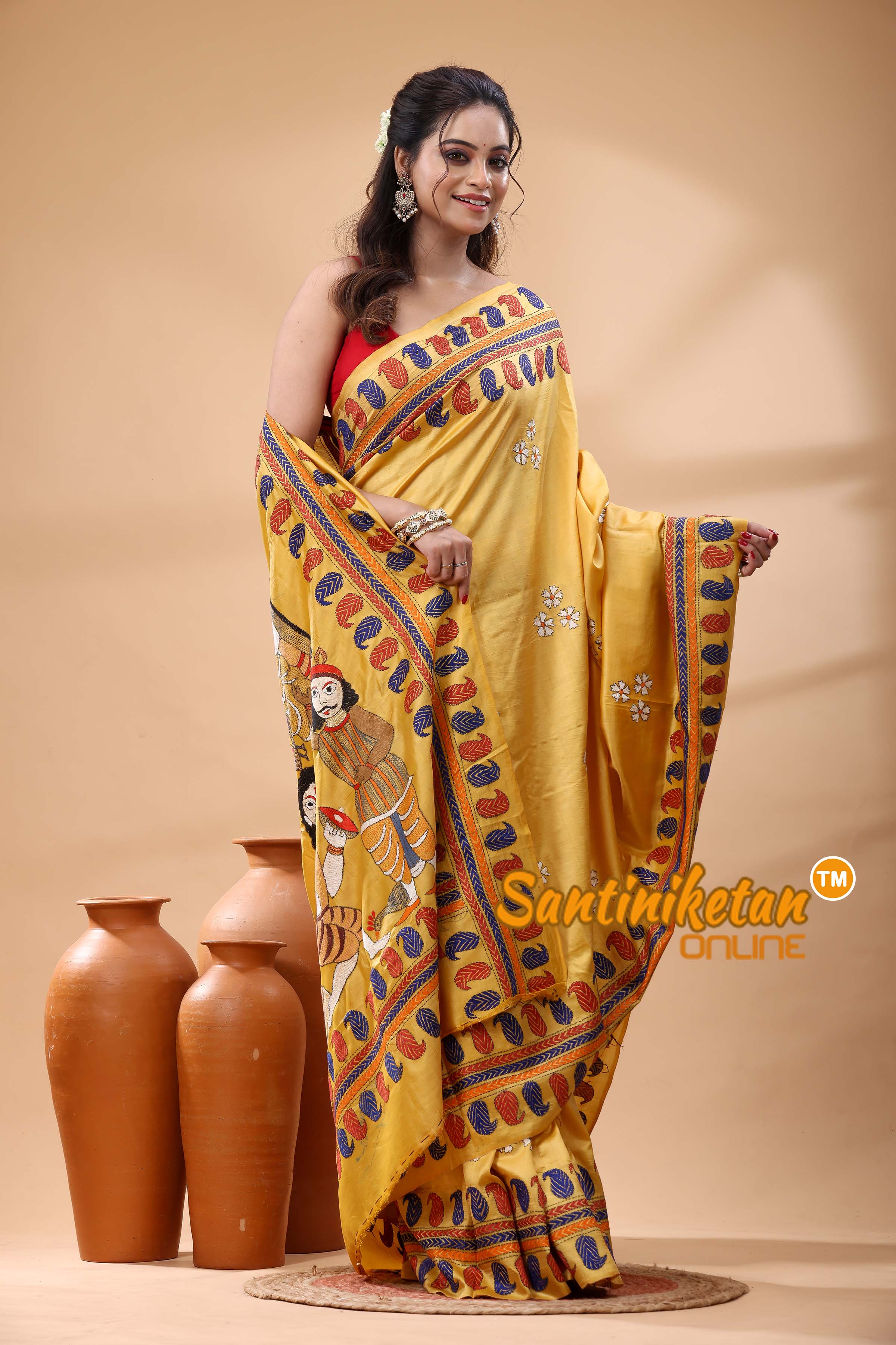 Bishnupuri (Katan) Silk Maa Durga Motif Kantha Stitch Saree