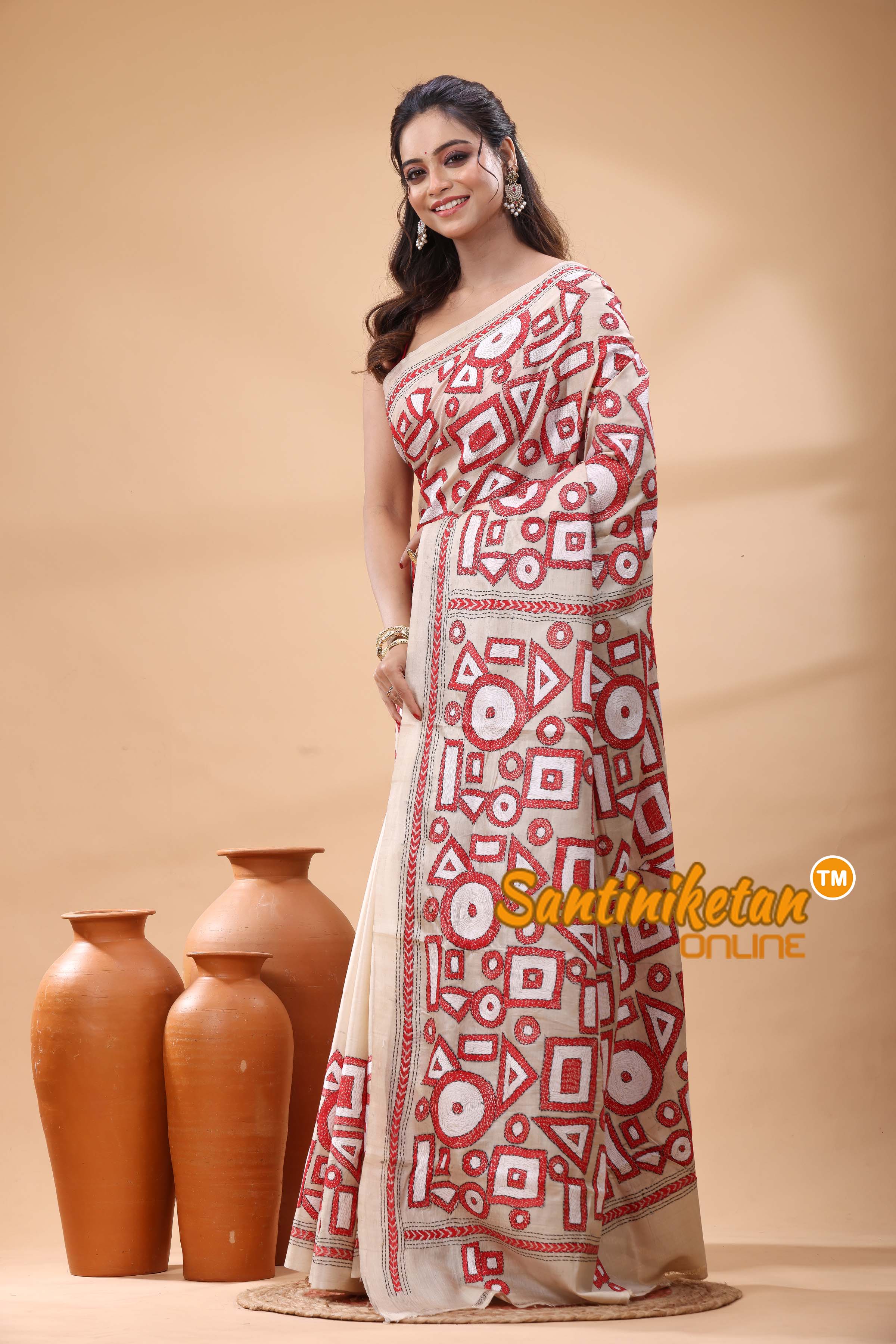 Pure Gachi Tussar Silk Kantha Stitch Saree