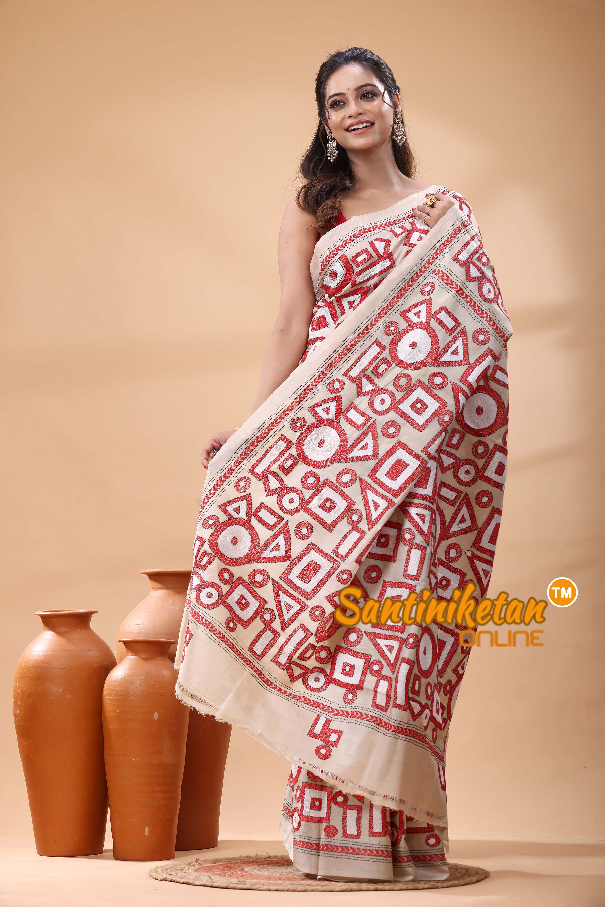 Pure Gachi Tussar Silk Kantha Stitch Saree