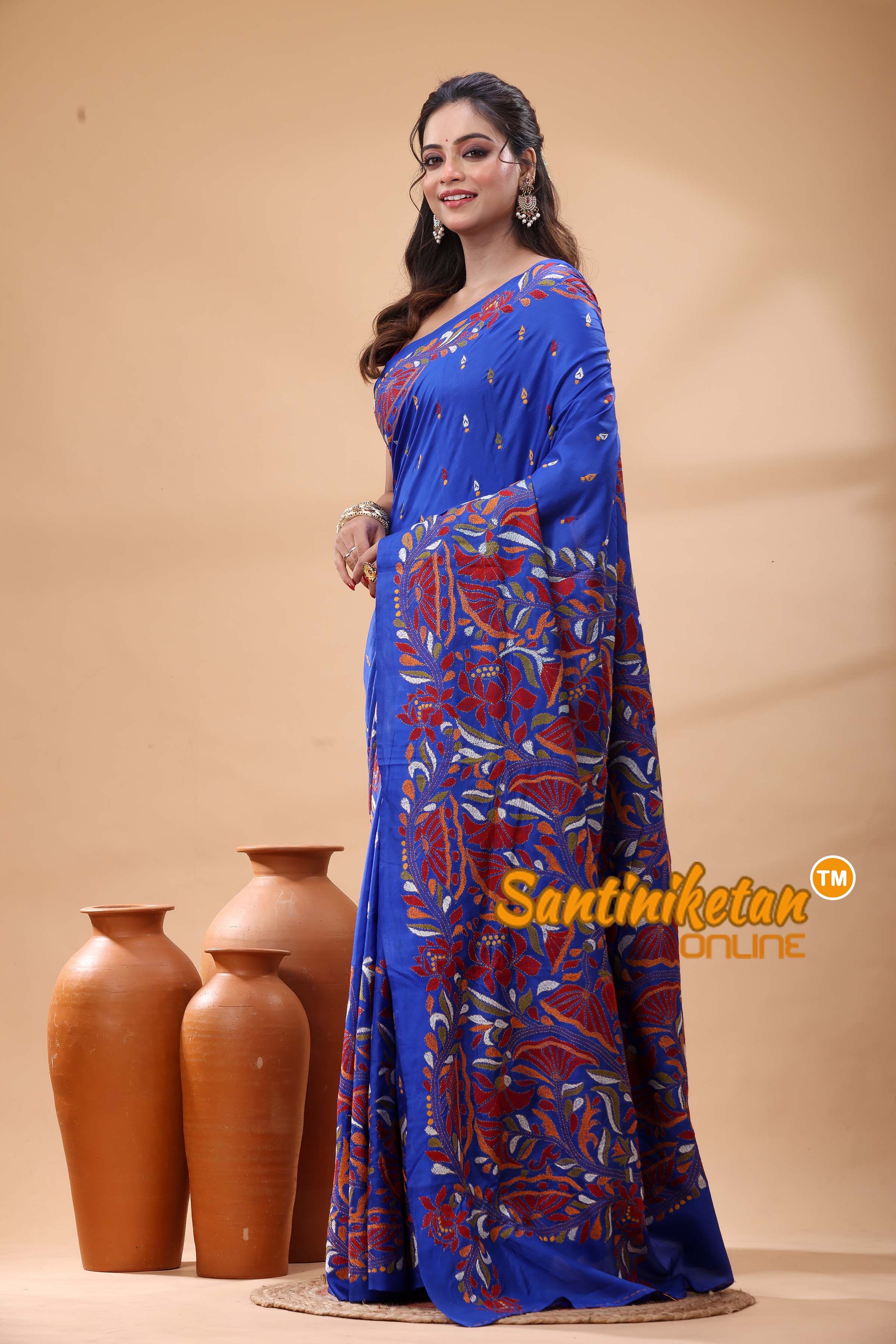 Pure Bangalore Silk Kantha Stitch Saree