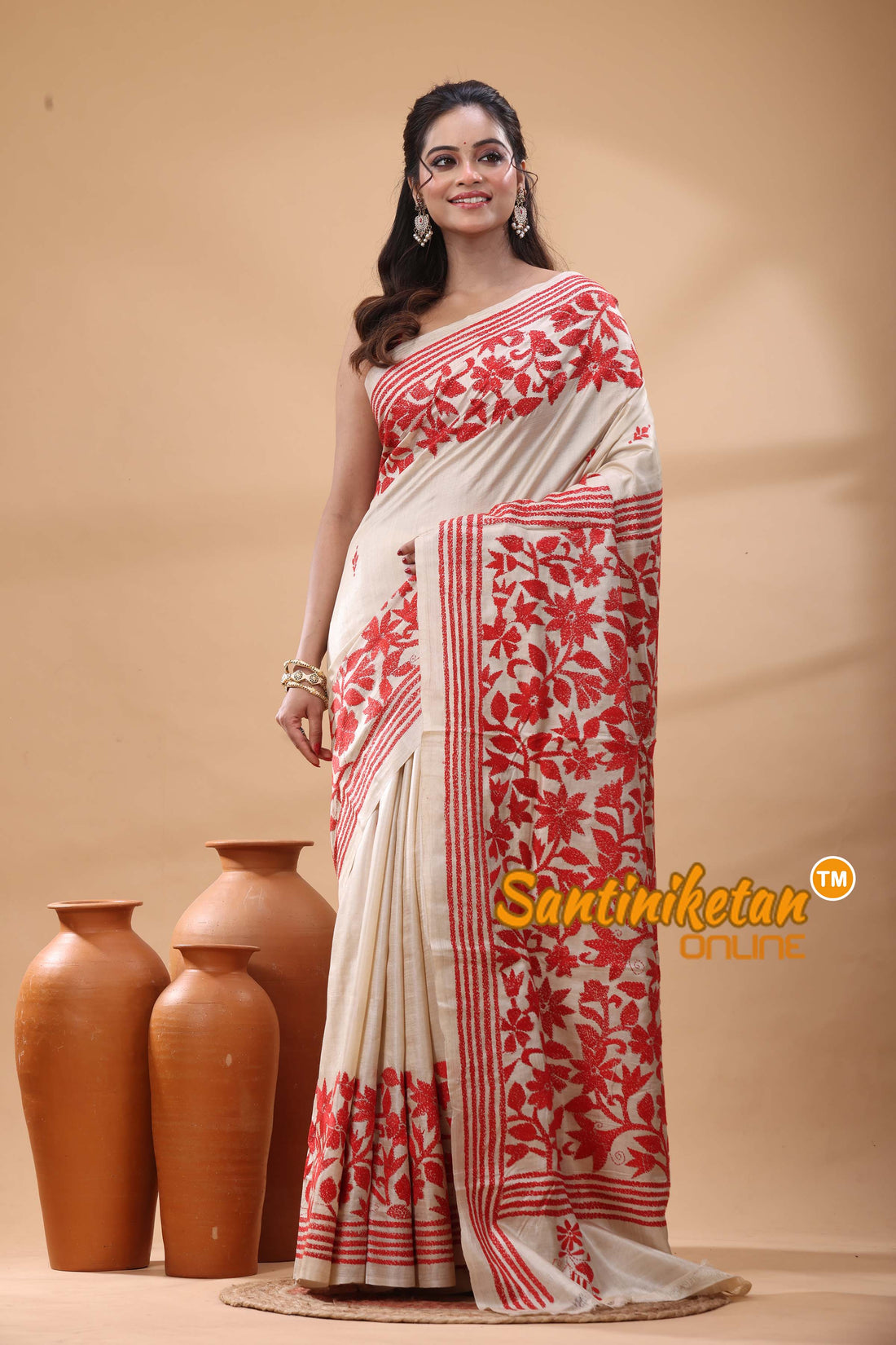 Pure Gachi Tussar Silk Kantha Stitch Saree