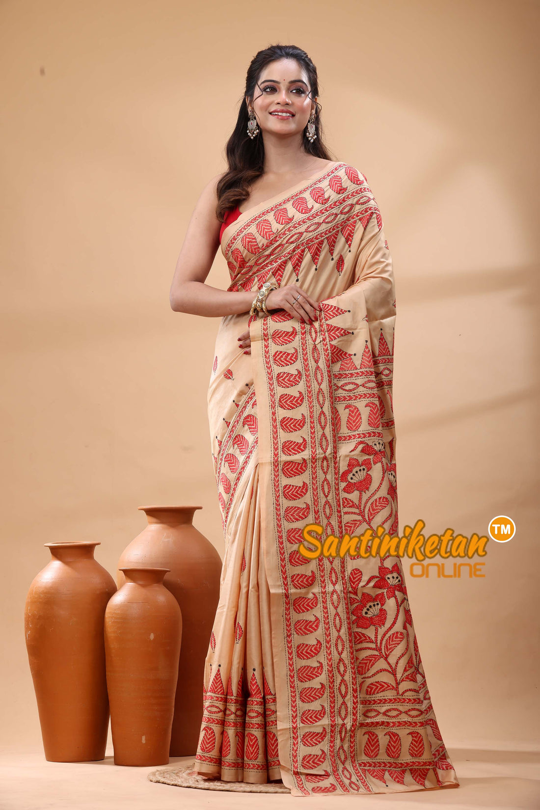 Pure Bangalore Silk Kantha Stitch Saree