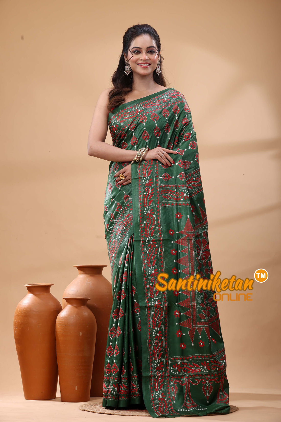 Pure Gachi Dye Tussar Silk Kantha Stitch Saree