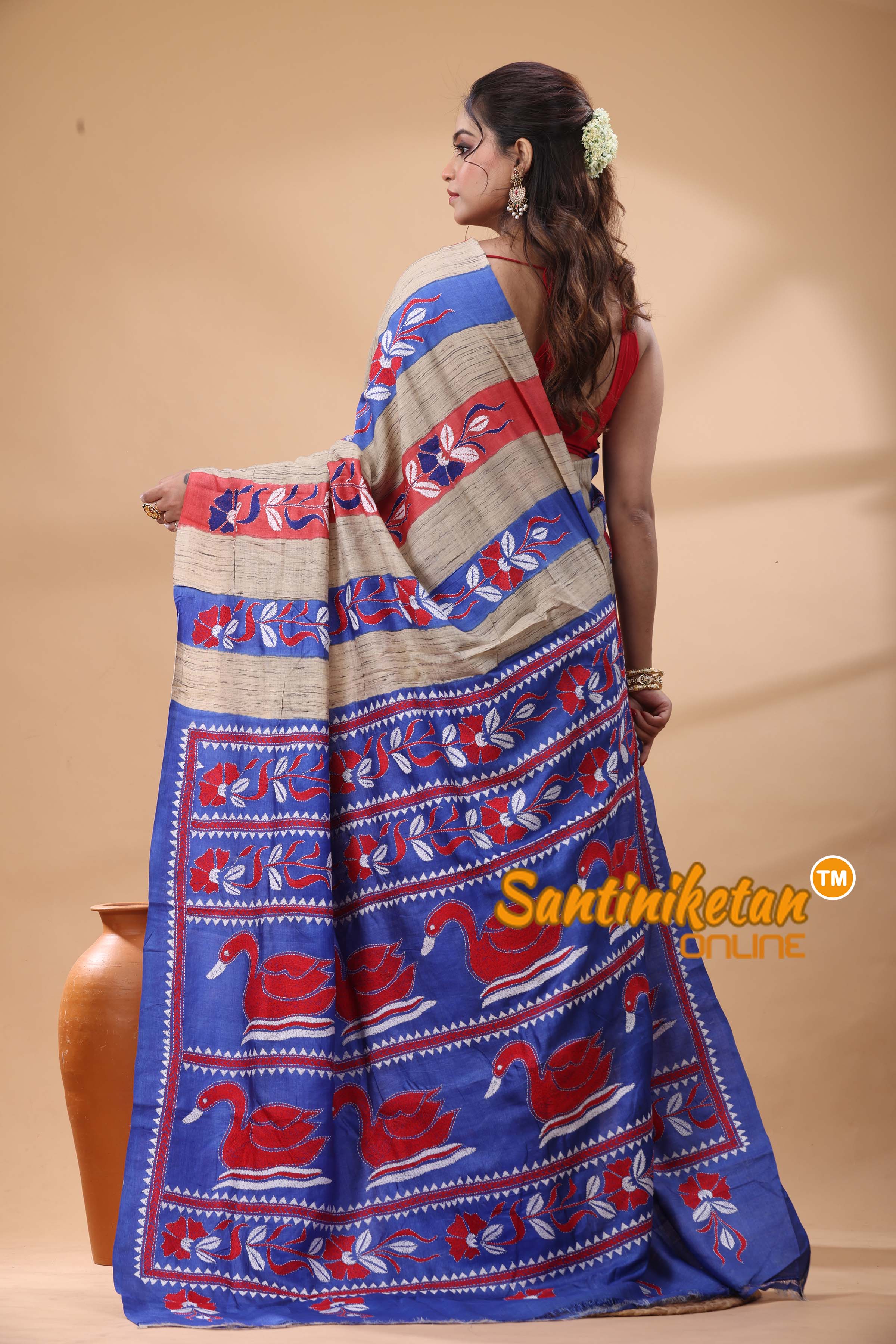 Pure Tussar Silk Kantha Stitch Saree